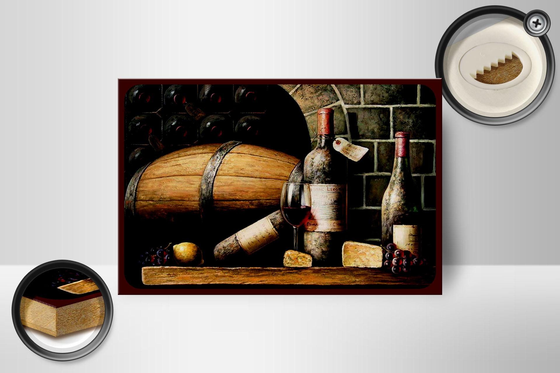 Femer GmbH Holzbild Retro 12x18 cm Rotwein Weinfass Weintrauben, (1 St), Glatte Holzfaserplatte (MDF), vorn beschichtet