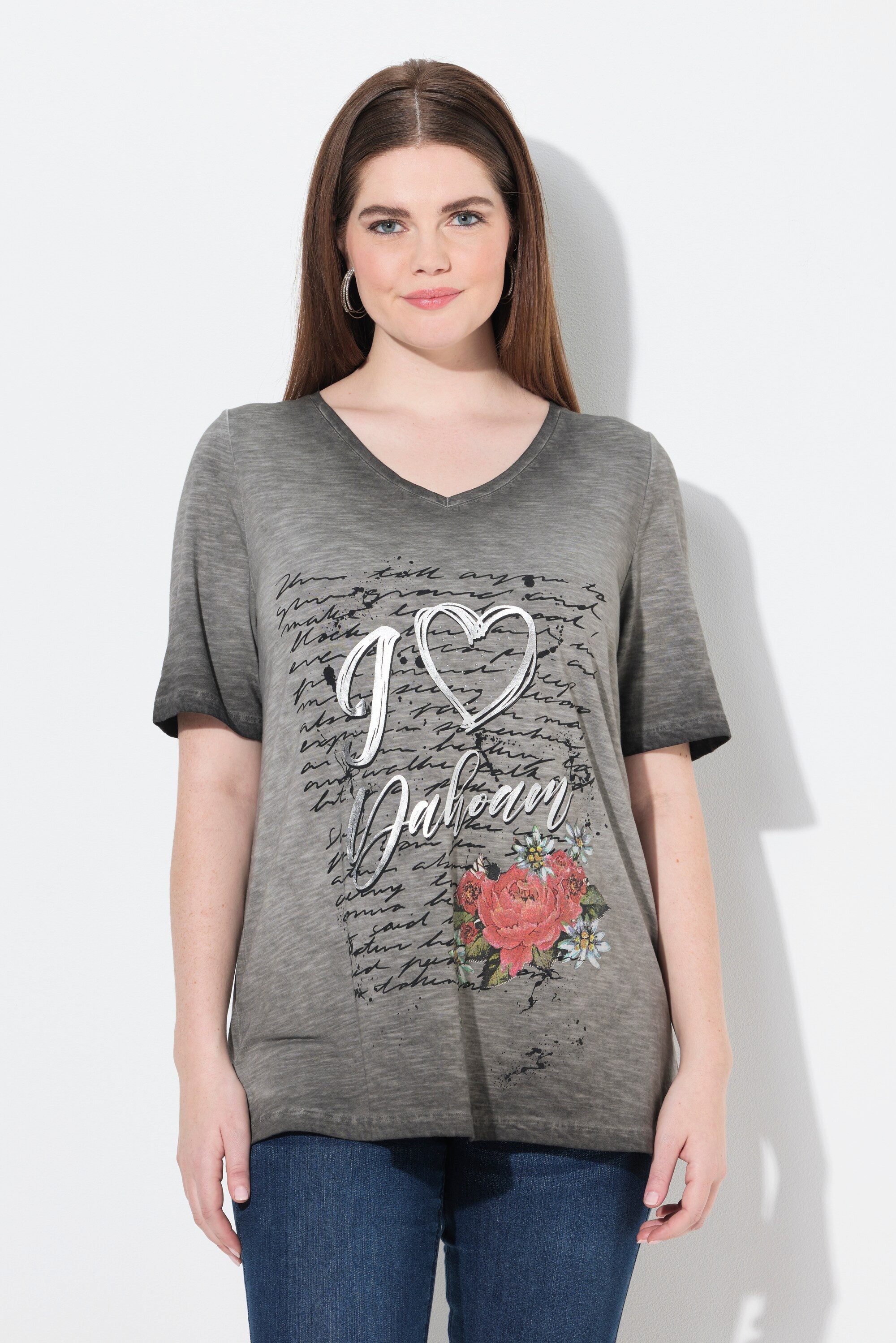 Ulla Popken T-Shirt T-Shirt Trachtenmotiv Classic V-Ausschnitt Halbarm günstig online kaufen