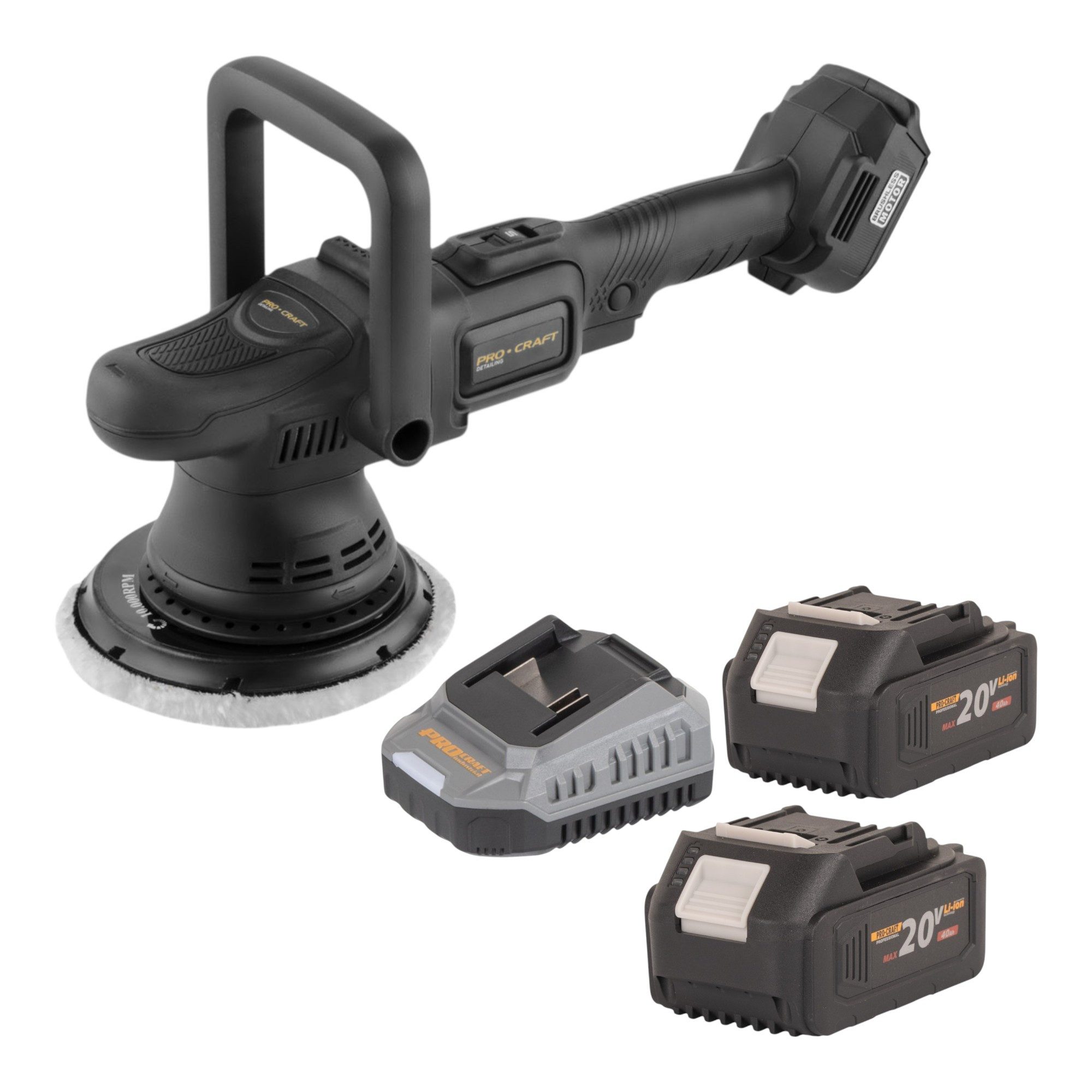 PRO CRAFT Akku-Poliermaschine PM22bb Akku Poliermaschine 20 Volt 150 mm + 2x Akku 4,0 Ah + Ladegerät