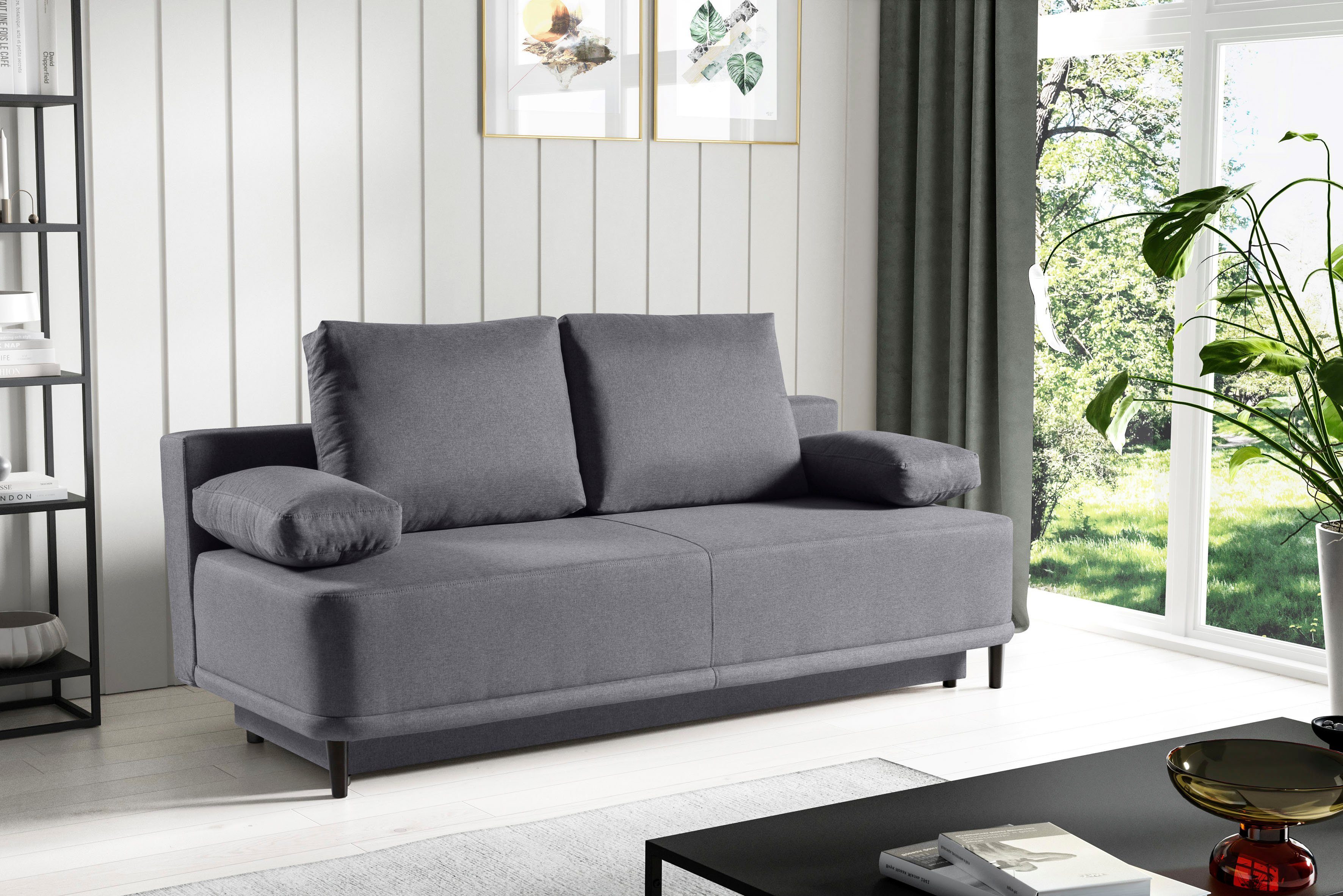 WERK2 Schlafsofa Street, 2-Sitzer Sofa und Schlafcouch mit Federkern & Bettkasten Grau | Grau | Grau