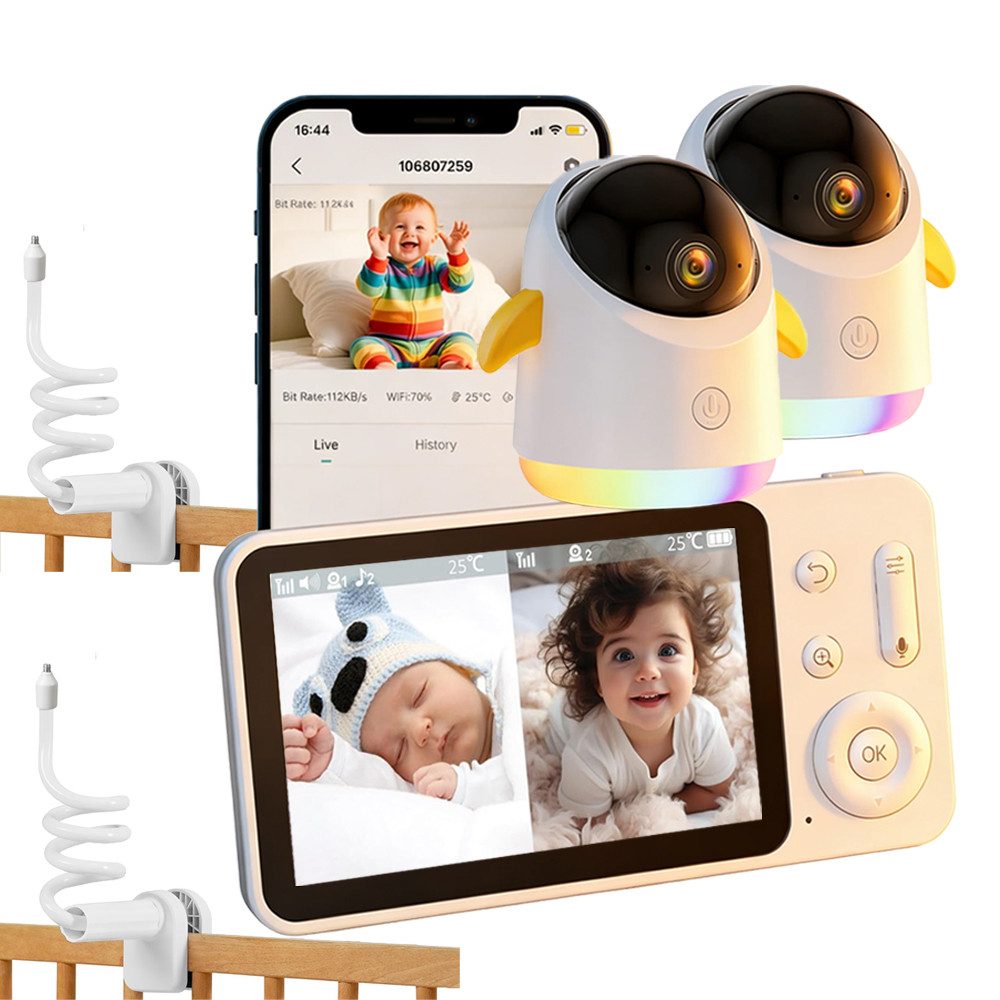 TWUFY Video-Babyphone 5,0 Zoll Babyphone mit 2 Kameras und APP Baby-Monitor mit Split-Screen, IR/RGB Nachtsicht, Weinen/Bewegungs/Geräuscherkennung, Alarme, Temperaturanzeige, LCD-Monitor (ohne WLAN) und mobiler App (WLAN erforderlich), Automatische Verfo