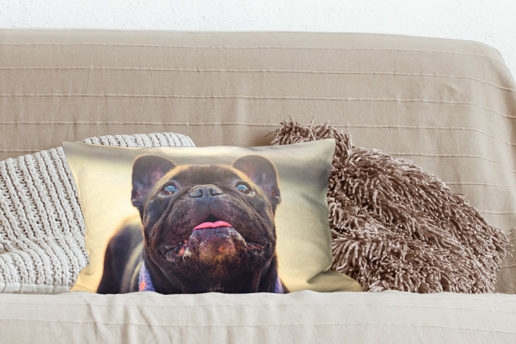 Schlafzimmer Dekokissen Sonne, mit MuchoWow Französische Bulldogge - Schwarz - Füllung, Dekokissen Dekoration, Wohzimmer Zierkissen,