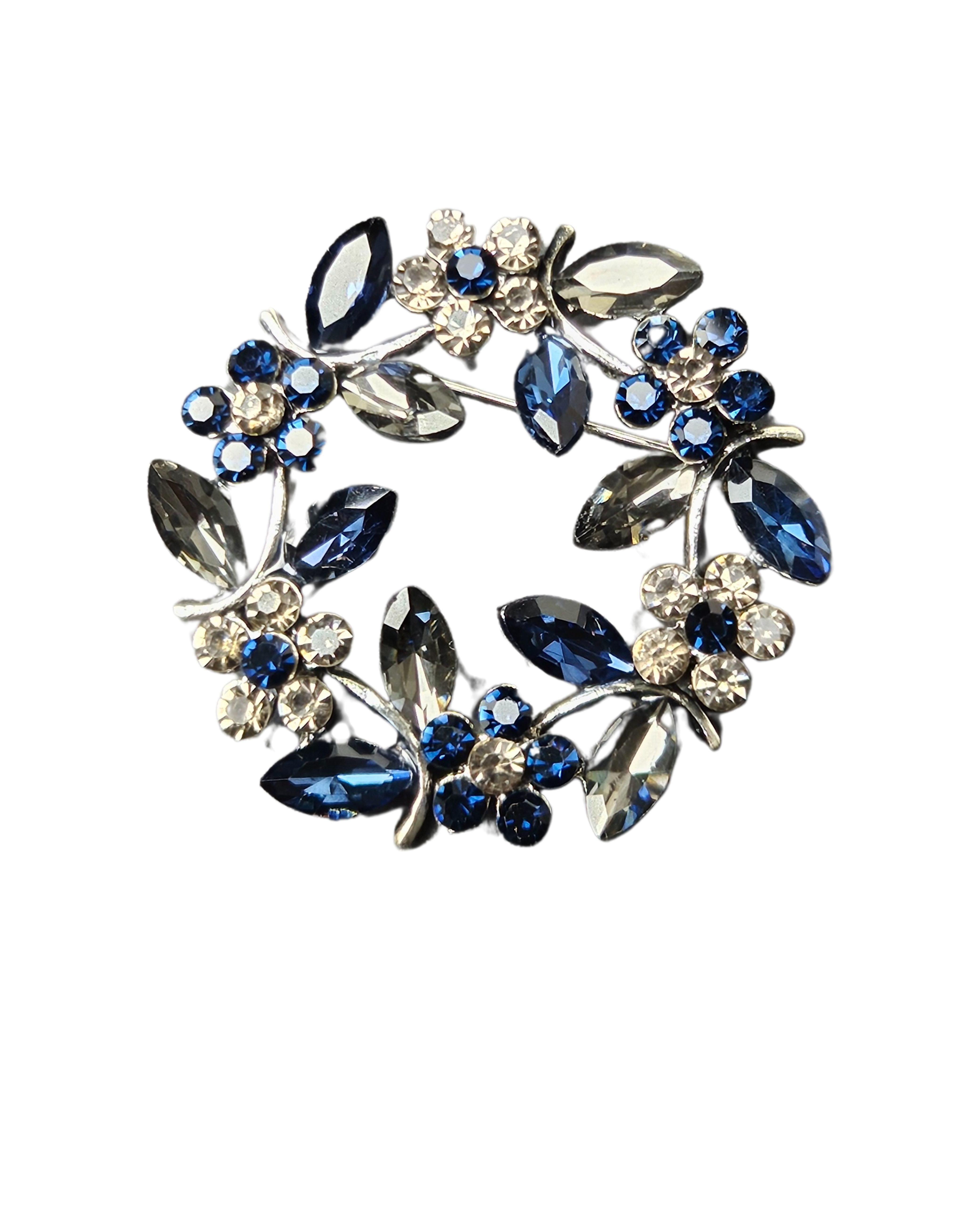 Brosche "Blumenkranz", mit Strass-Steinen, dunkelblau anthrazit