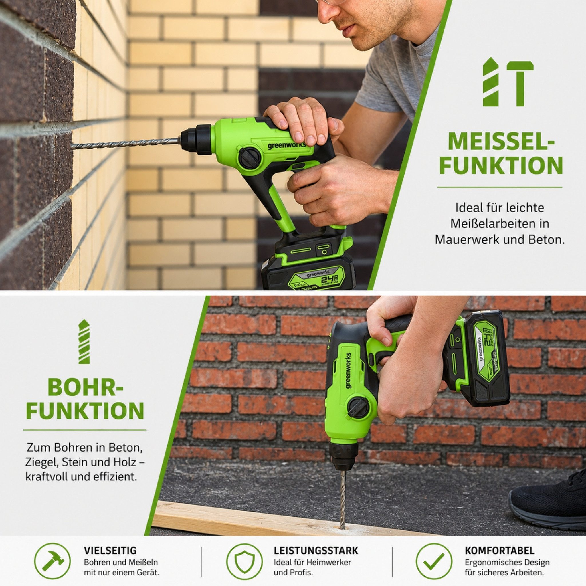 Greenworks Akku-Bohrhammer Akku-Bohrhammer 24V SDS+ bürstenloser Motor 4.0 Ah 1,2J Schlagenergie, Bohrhammer mit Schnellladegerät für Beton Stein Holz 3 Jahre Garantie