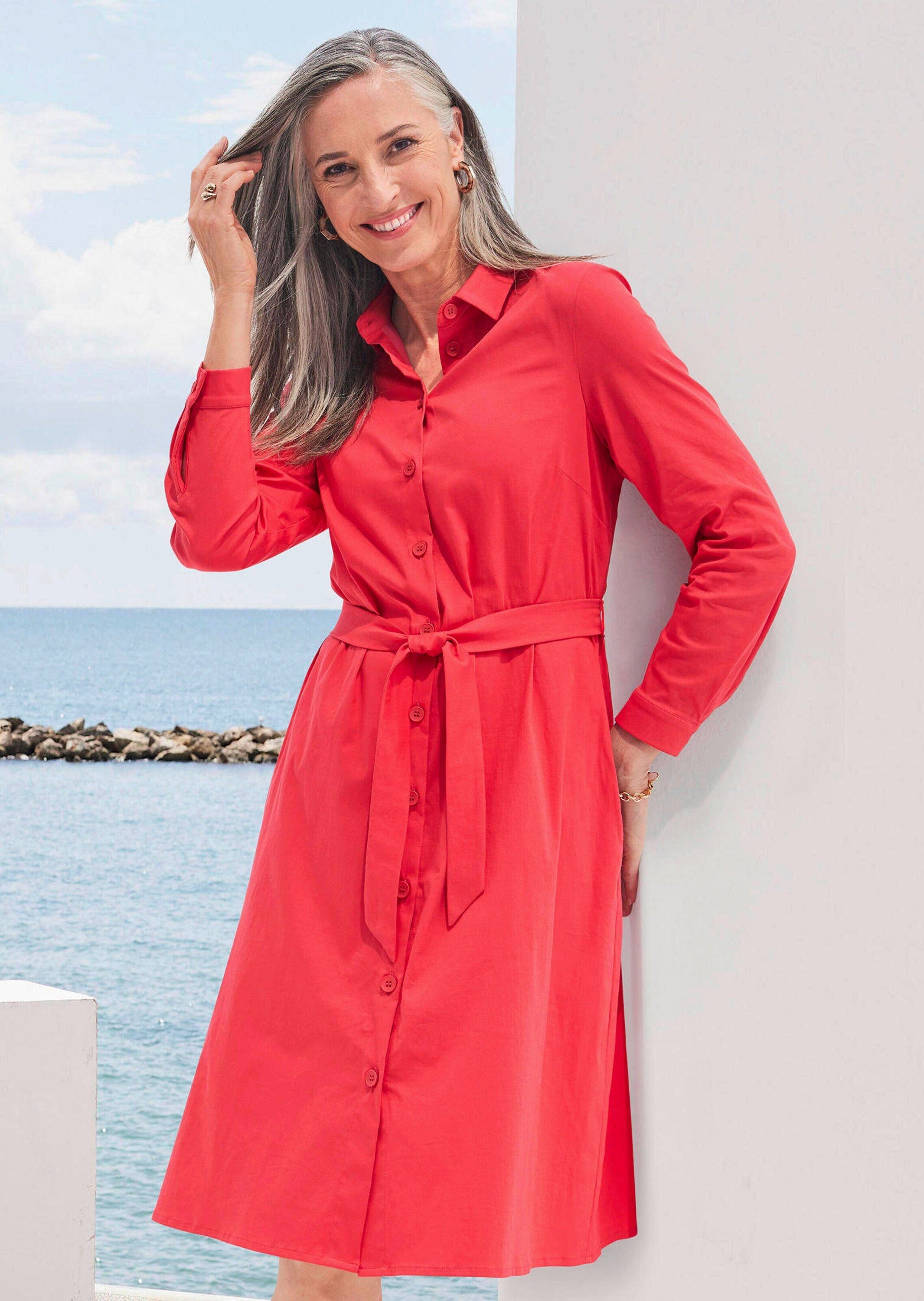 GOLDNER Sommerkleid Kurzgröße: Klassisches Design mit Hemdkragen und Taschen, Langarm, Knopfleiste
