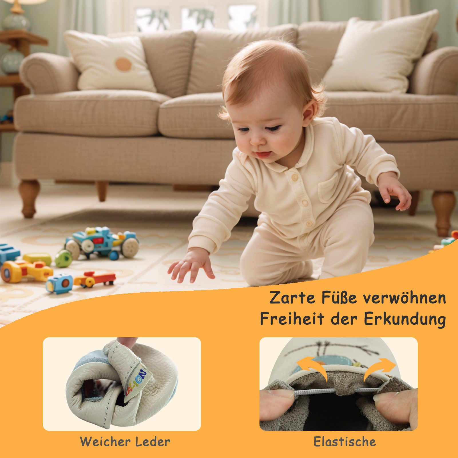Yalion Yalion Baby Leder Lauflernschuhe Weiche Lederpuschen Taupe, Rutschfest Krabbelschuh