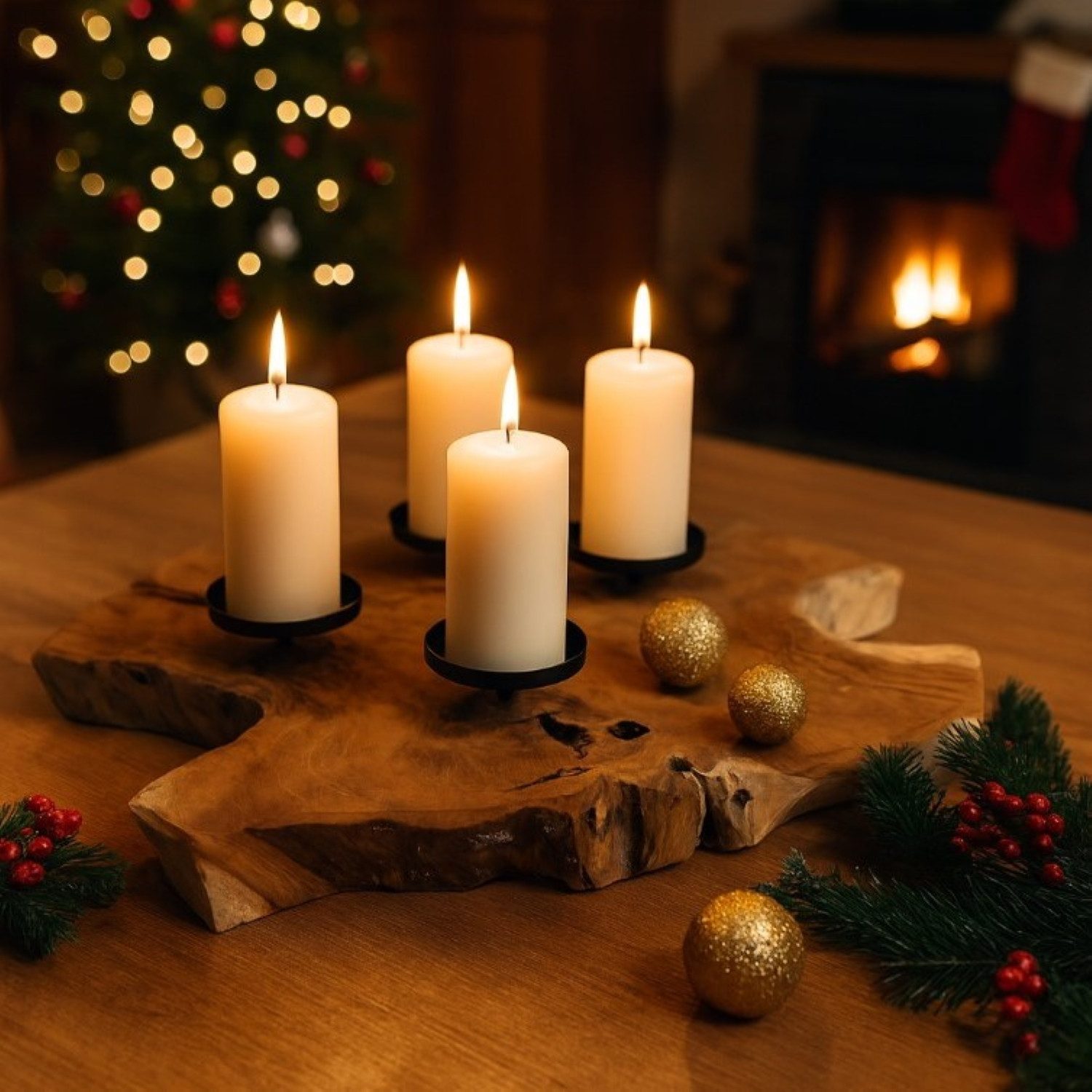 Online-Fuchs Adventskranz aus rustikalem Teakholz mit schwarzen Kerzenhaltern aus Metall, modern und natürlich für Ihre Weihnachtsdekoration