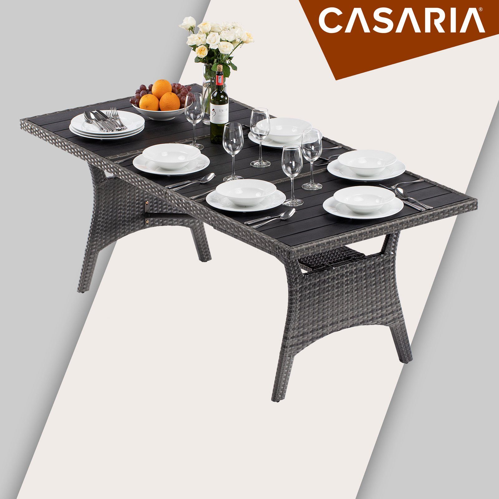 WPC-Tischplatte 190x90x74 Grau Casaria Polyrattan cm (1-St), Ablage Höhenverstellbar Gartentisch mit