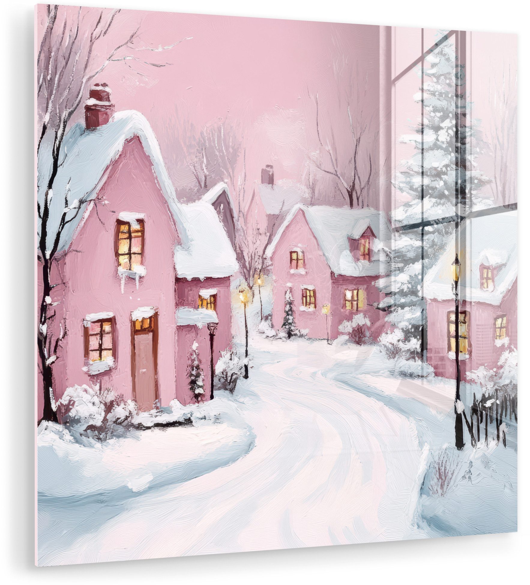 MuchoWow Acrylglasbild Weihnachtsdorf - Rosa - Winter - Schnee - Häuser, Inkl. Aufhängung, Bilder auf Glas Wandbild, Wanddeko Wohnzimmer Badezimmer, 20x20 cm