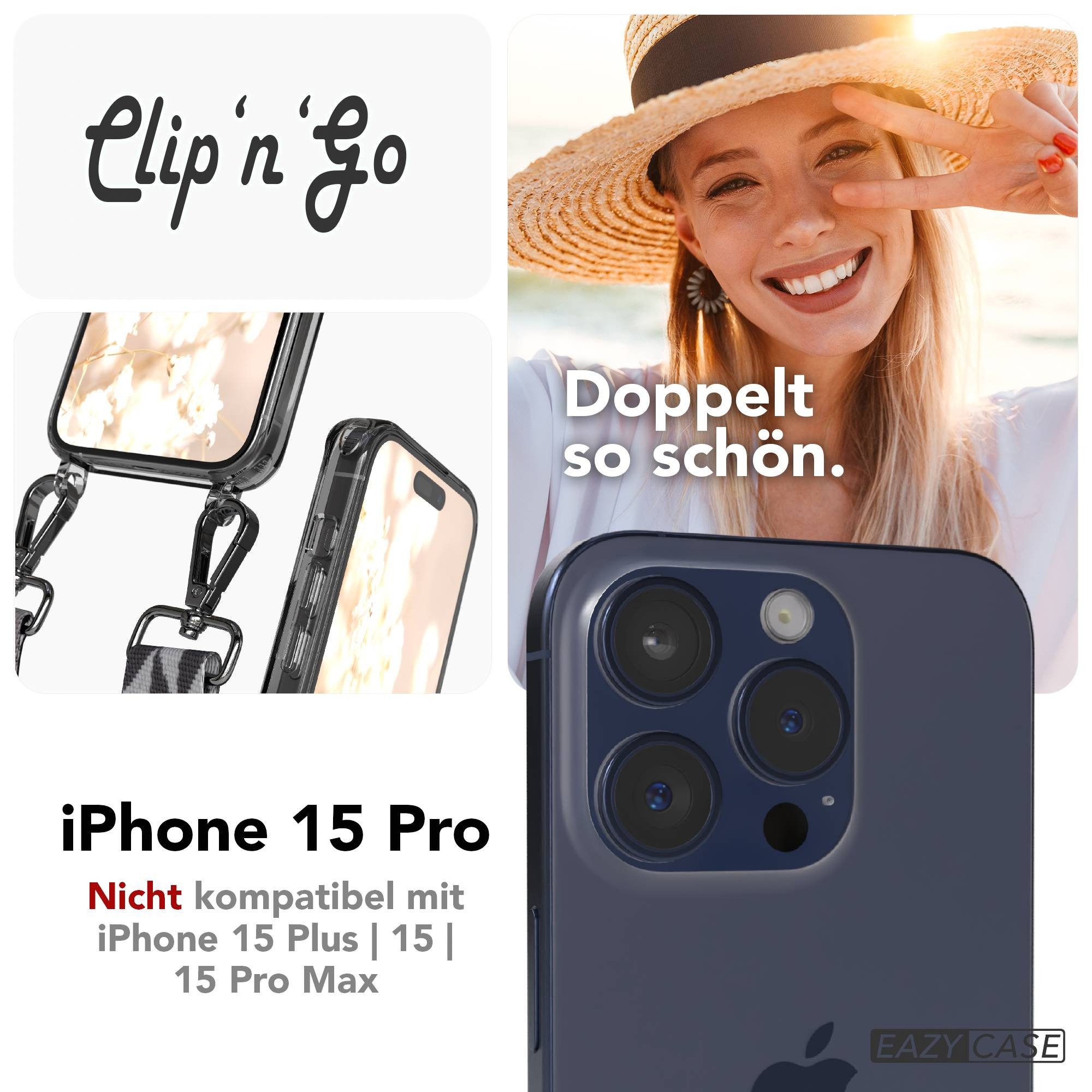 EAZY CASE Handykette Umhängeband MagSafe Hülle für Apple iPhone 15 Pro 6,1 Zoll, Handyhülle Rope Band MagSafe Crossbody Mix Grau Schwarz