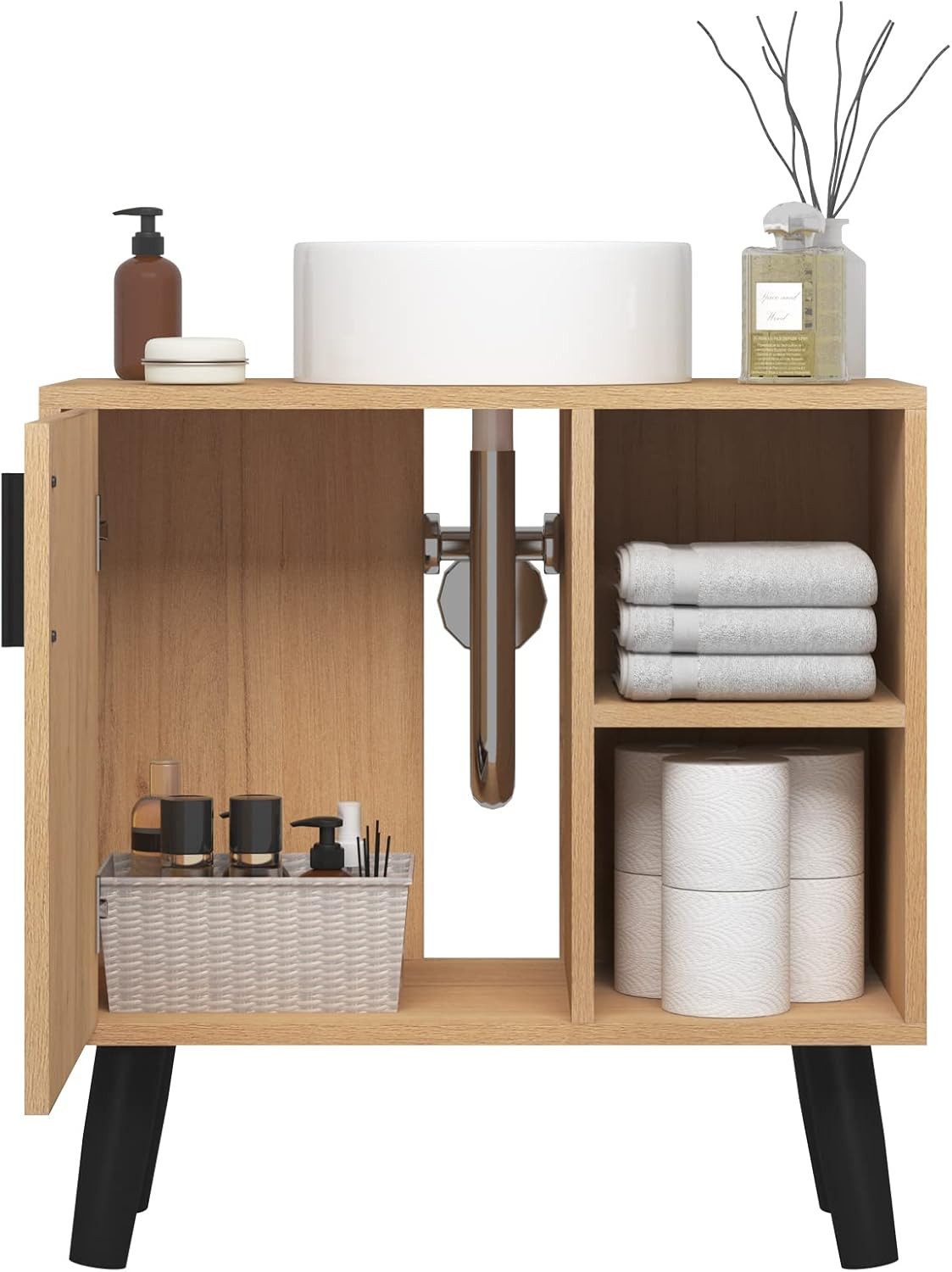 EUGAD Waschbeckenunterschrank (1-St) mit 2 offenen Ablagen, Tür, Holz – Bild 5 von 5