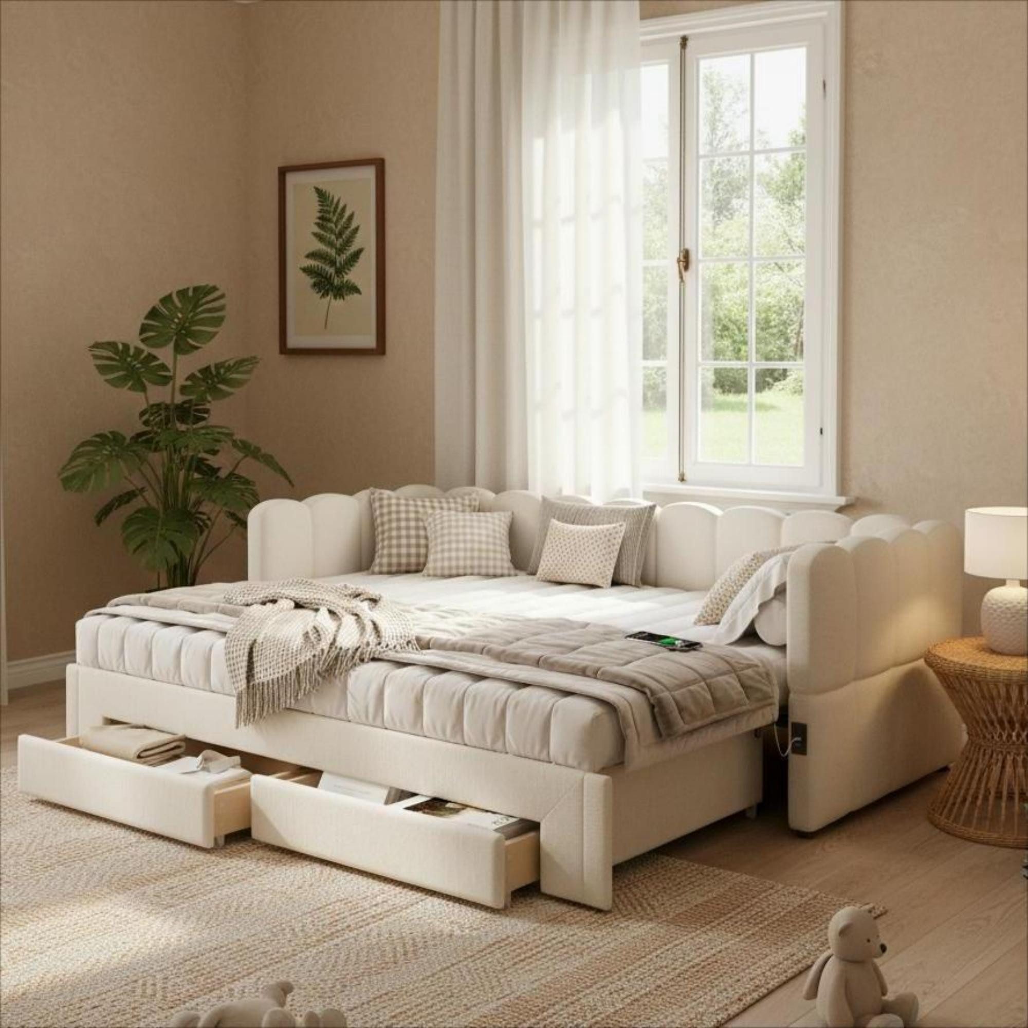 REDOM Polsterbett Elegantes Daybett mit verstecktem Stauraum & Ladefunktion (Packung, 1-tlg., ausziehbar von 90 auf 180 cm, 2 Schubladen, Chenille-Bezug), für Homeoffice, Gäste, als komfortable Lounge-Option(ohne Matratze)
