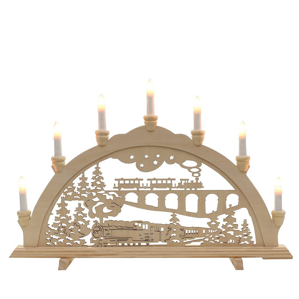 Dekohelden24 Schwibbogen 7-flammiger Holz Schwibbogen, Motiv: Eisenbahn, L / B / H: 58 x 4 x 38 cm.