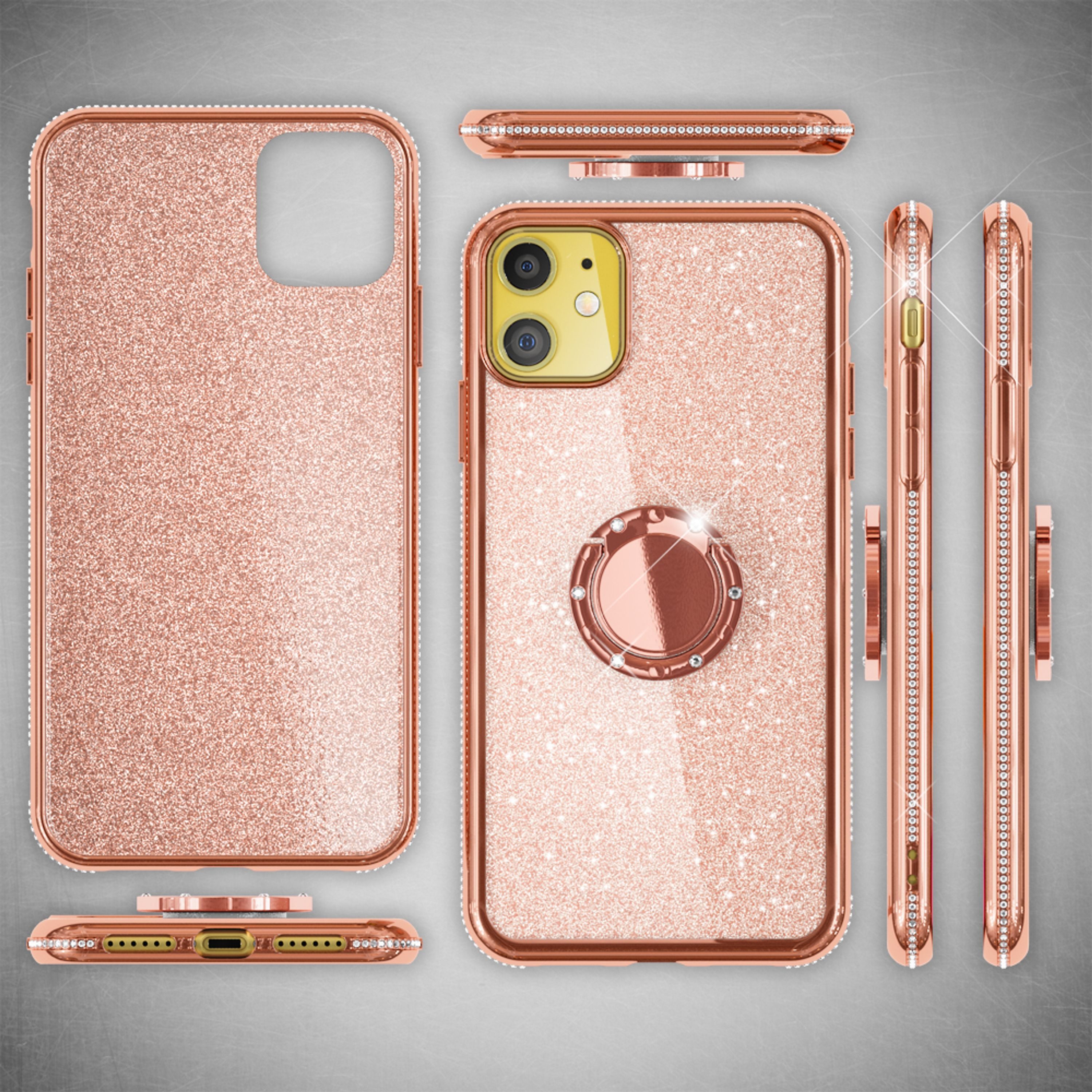 Nalia Smartphone-Hülle Apple iPhone 11 15,5 cm (6,1 Zoll), Glitzer Ring Silikon Hülle / 360 Grad Finger-Halter / Standfunktion