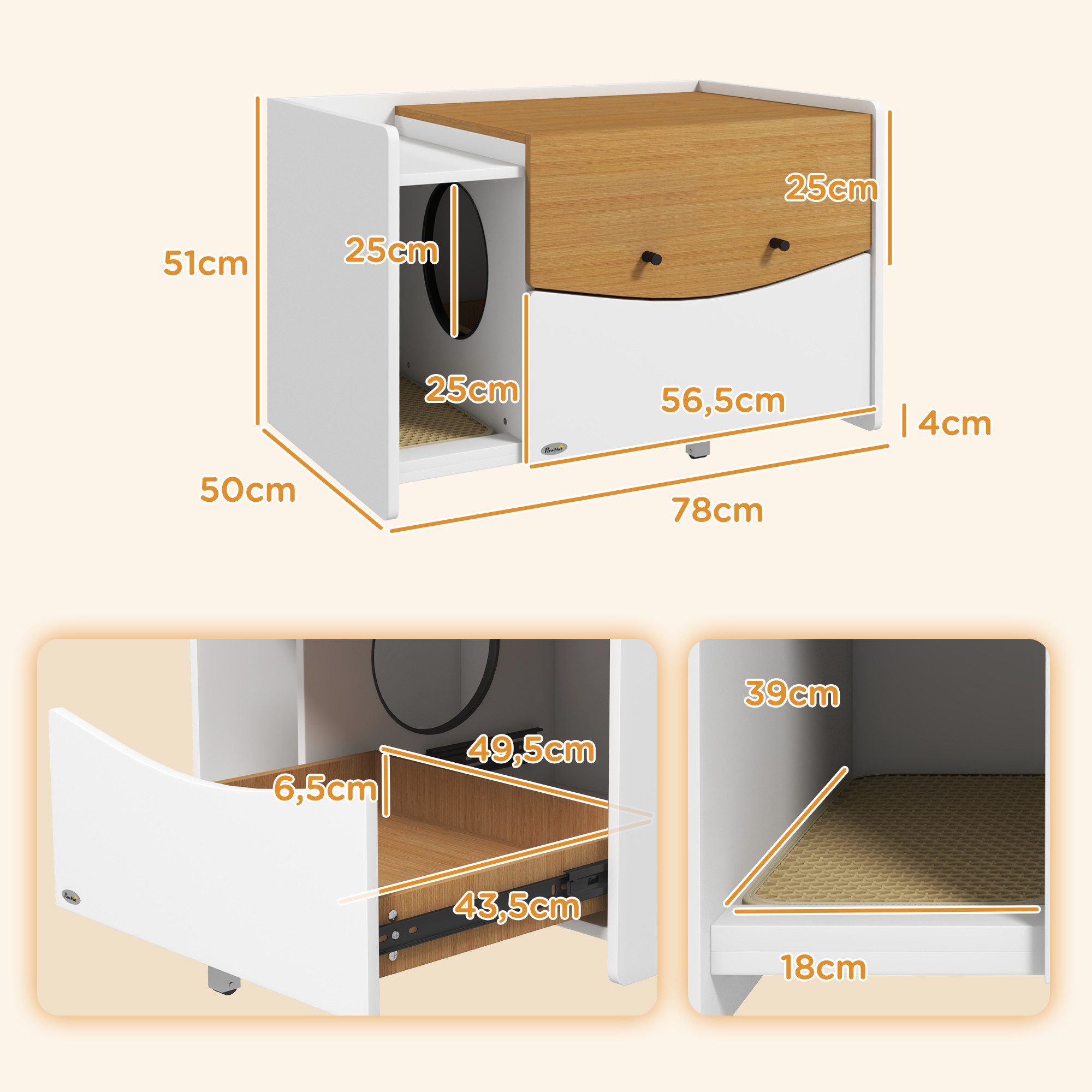 PawHut Katzentoilette Katzenschrank, Katzenhaus, für Katzen unter 5 kg, 78x50x51cm, für Wohnzimmer, Eiche