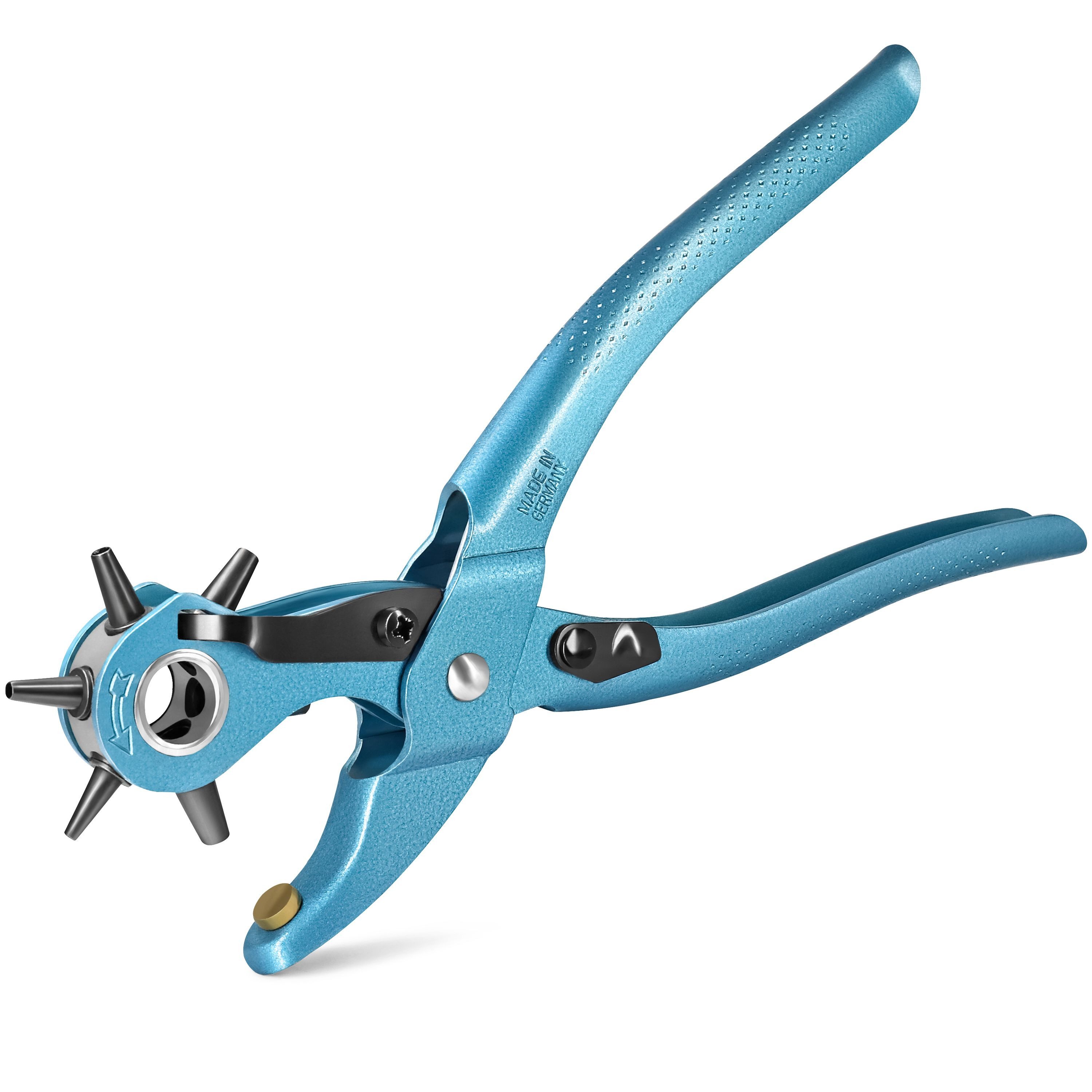 S&R Revolverlochzange MADE IN GERMANY, Gürtel-Lochzange / Leder-Locher, 1-tlg., Lochpfeifen in den Größen 2/2,5/3/3,5/4/4,5 mm, für Uhrenarmbänder, Gurte, Karton, Stoff