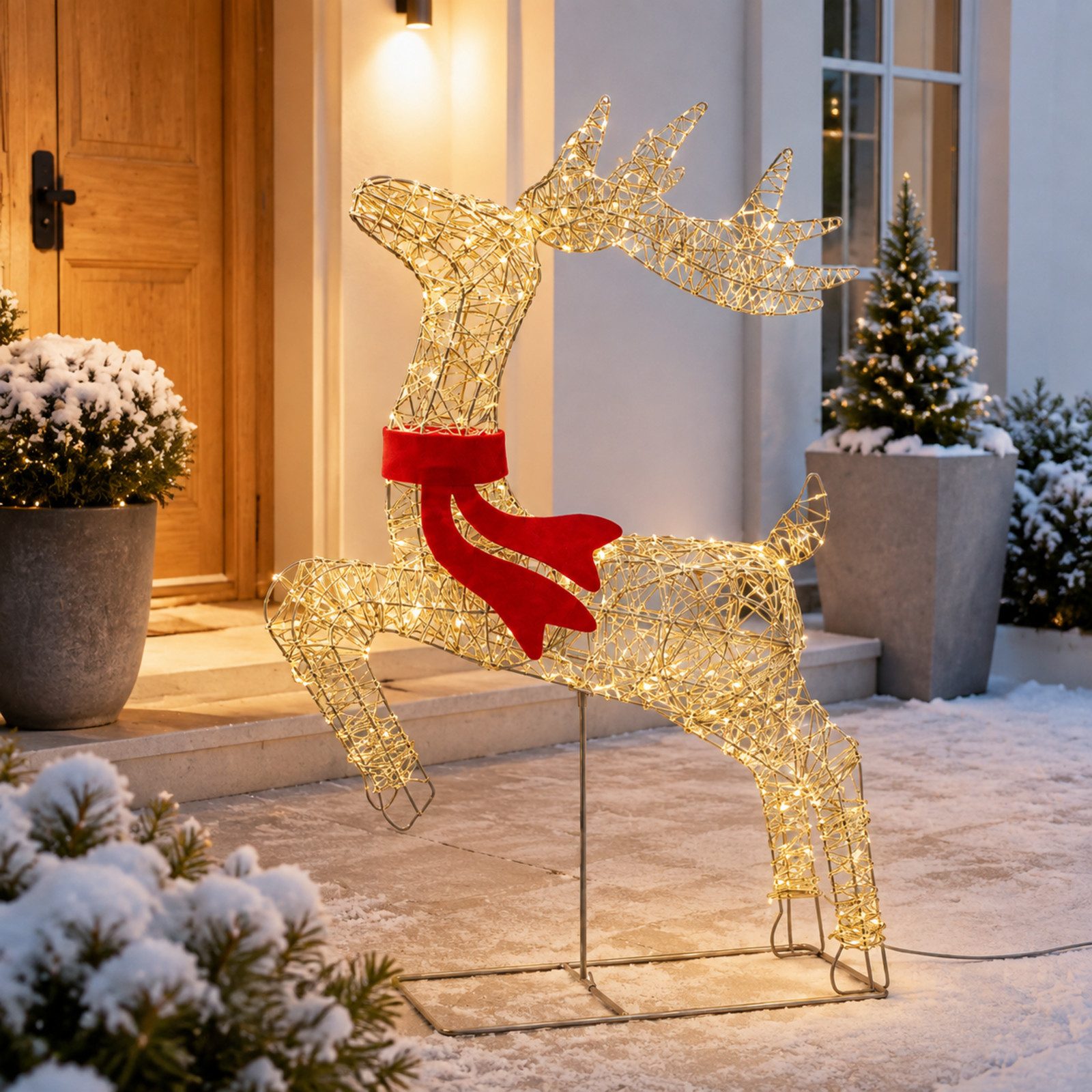 HAGO LED Stern LED Rentier Weihnachtsbeleuchtung Winderdeko Leuchtfigur In-& Outdoor, Timerfunktion; Blinkfunktion, LED, Warmweiß, Timer-Funktion; Glitzer-Effekt; IP44; 5m Kabel; Freistehend, Warmweiß
