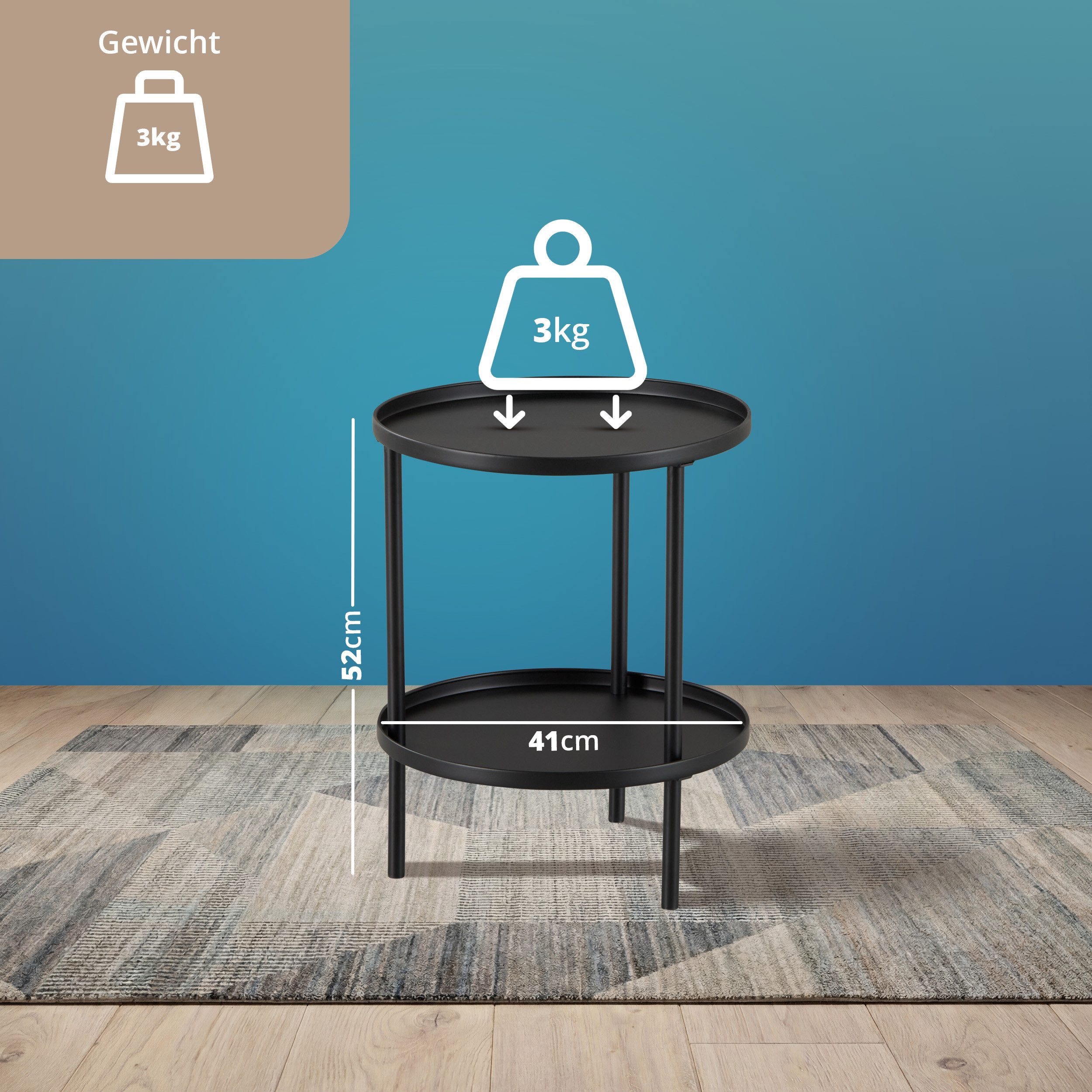 KHG Beistelltisch Rund Schwarz Ø 41 cm moderner Sofatisch elegant (Dekorative Ablage für Getränke, Bücher oder Wohnaccessoires, platzsparend, modern und vielsei – Bild 4 von 5