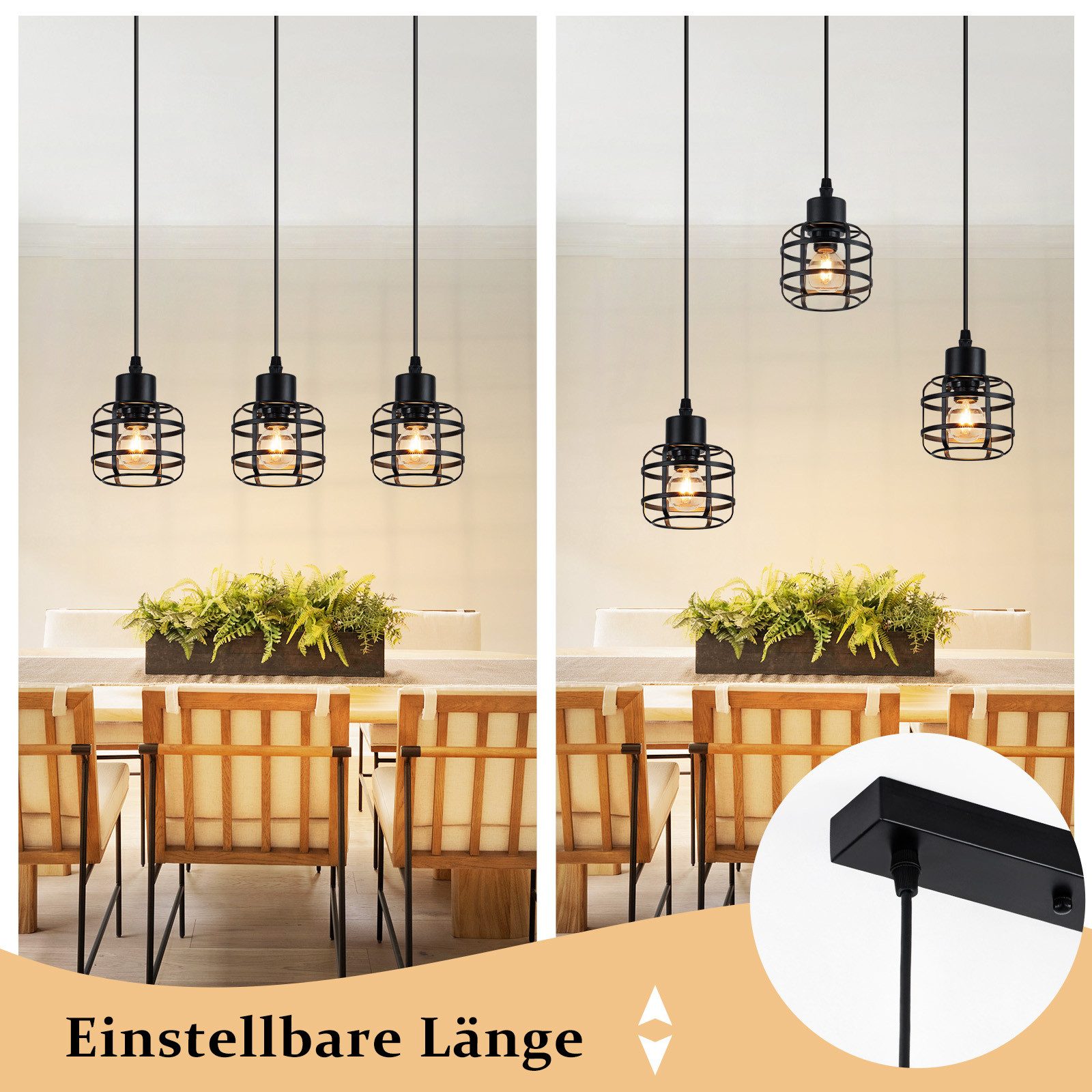 Nettlife Pendelleuchte Vintage schwarz Hängelampe industrielle 1/3flammig rund E14, Höhenverstellbar, ohne Leuchtmittel, für Esstisch, Kücheninsel, Bars, Cafés  – Bild 5 von 5