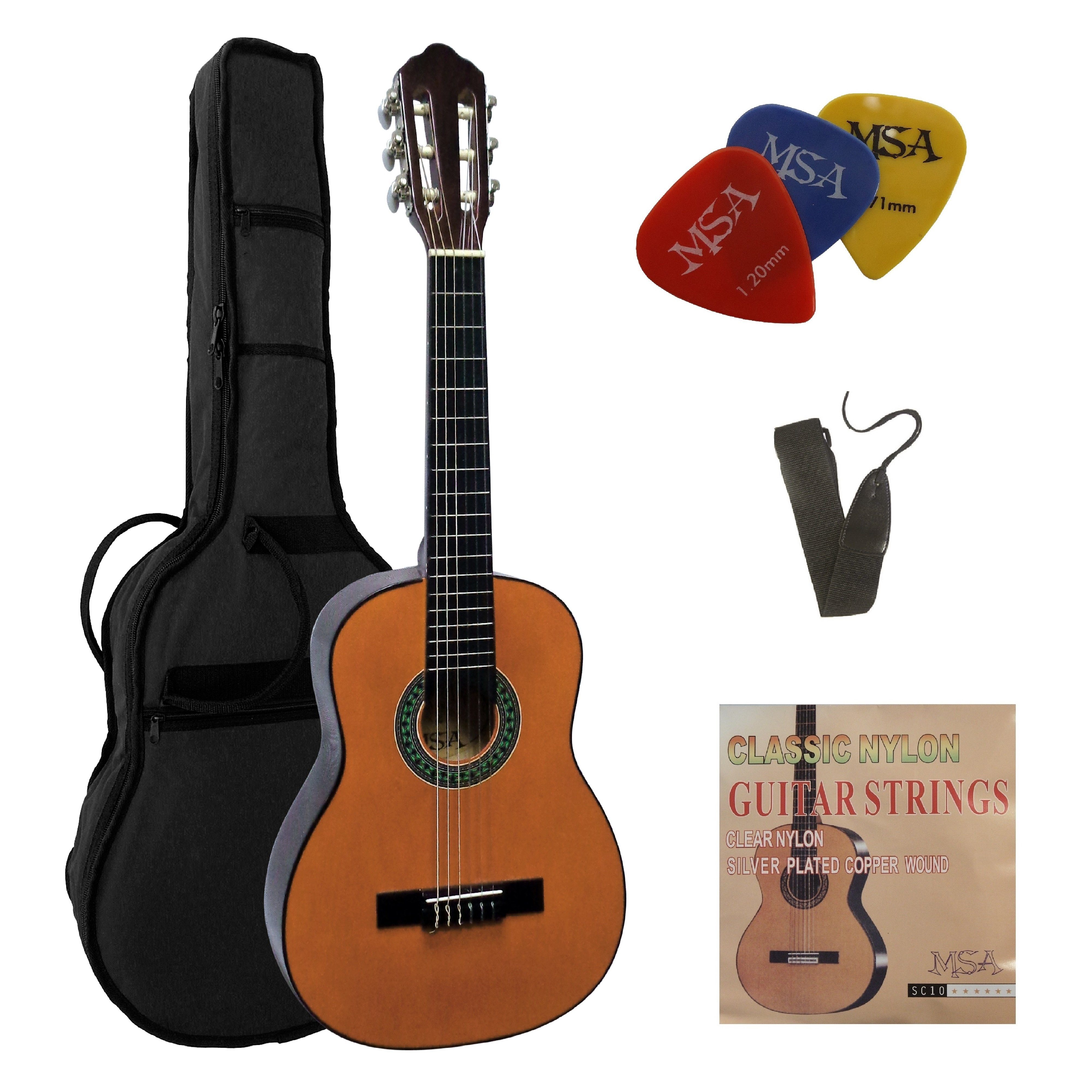 MSA Konzertgitarre 1/4 Kindergitarre Set Tasche Band Saiten 3xPlektron, Gitarre aus Lindenholz Nylonsaiten