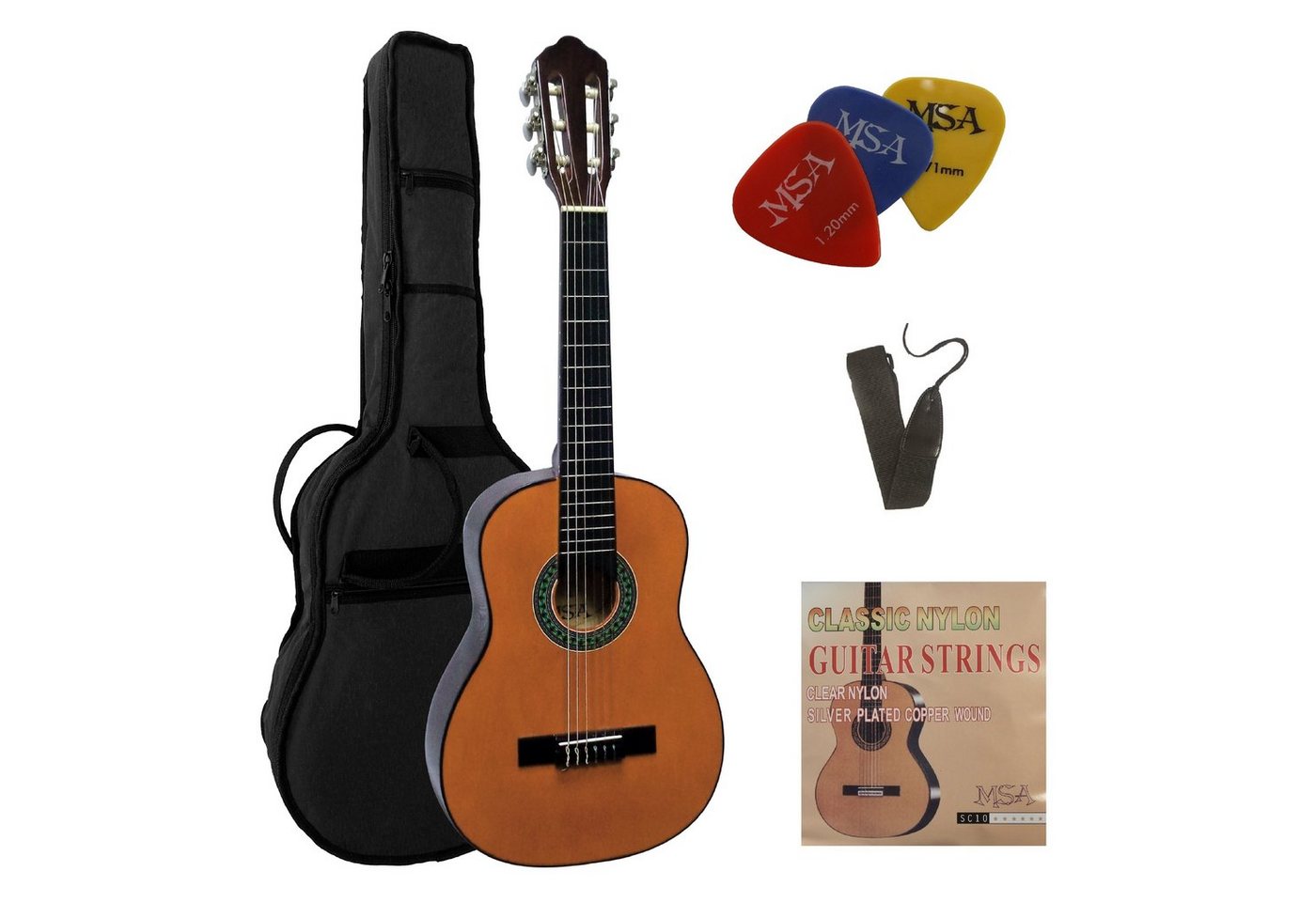 MSA Konzertgitarre 1/4 Kindergitarre Set Tasche Band Saiten 3xPlektron, Gitarre aus Lindenholz Nylonsaiten