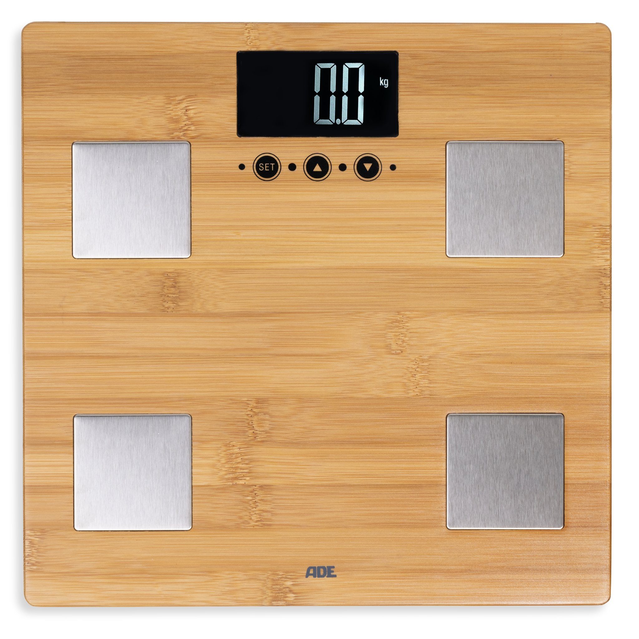 ADE Körper-Analyse-Waage Körperfettwaage mit Wiegefläche aus echtem Bambus, Messung 4 Körperwerte, 10 Speicherplätze, LCD Display, Tap-on-Technik