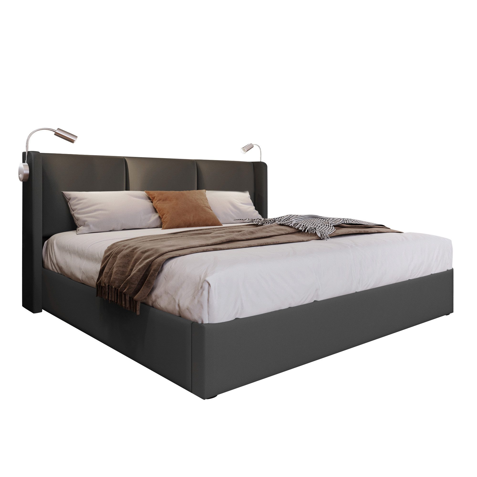 OKWISH Polsterbett Stauraumbett (160x200 mit lattenrost(Ohne Matratze), Stauraum Bettkasten Leselicht mit USB Ladefunktion Kopfteil