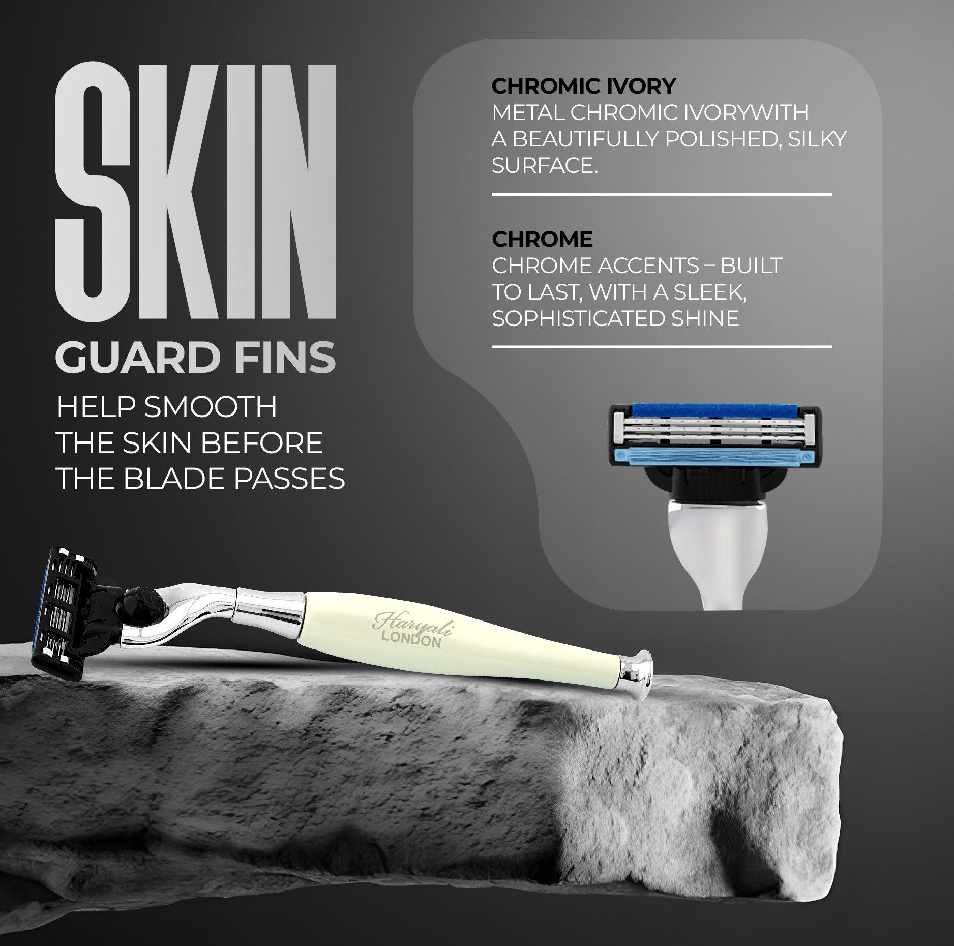 Haryali London Nassrasierer 3-Klingen-Rasierer für Unisex, Smart Grip, Bartrasierer Elfenbein, Pack, Rasierapparat mit abnehmbarer Klinge und messing-silbernem Griff, Abwaschbarer, rutschfester Griff. Passt auf alle Mach 3-Rasierer.