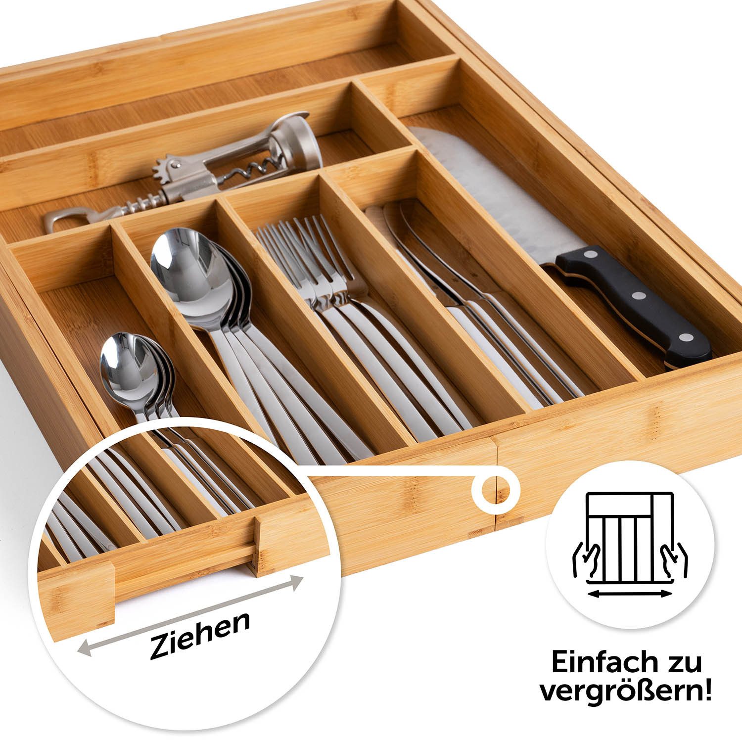 Blumtal Besteckkasten Schublade aus Bambus, größenverstellbarer Schubladen-Einsatz, bis zu 9 Fächer