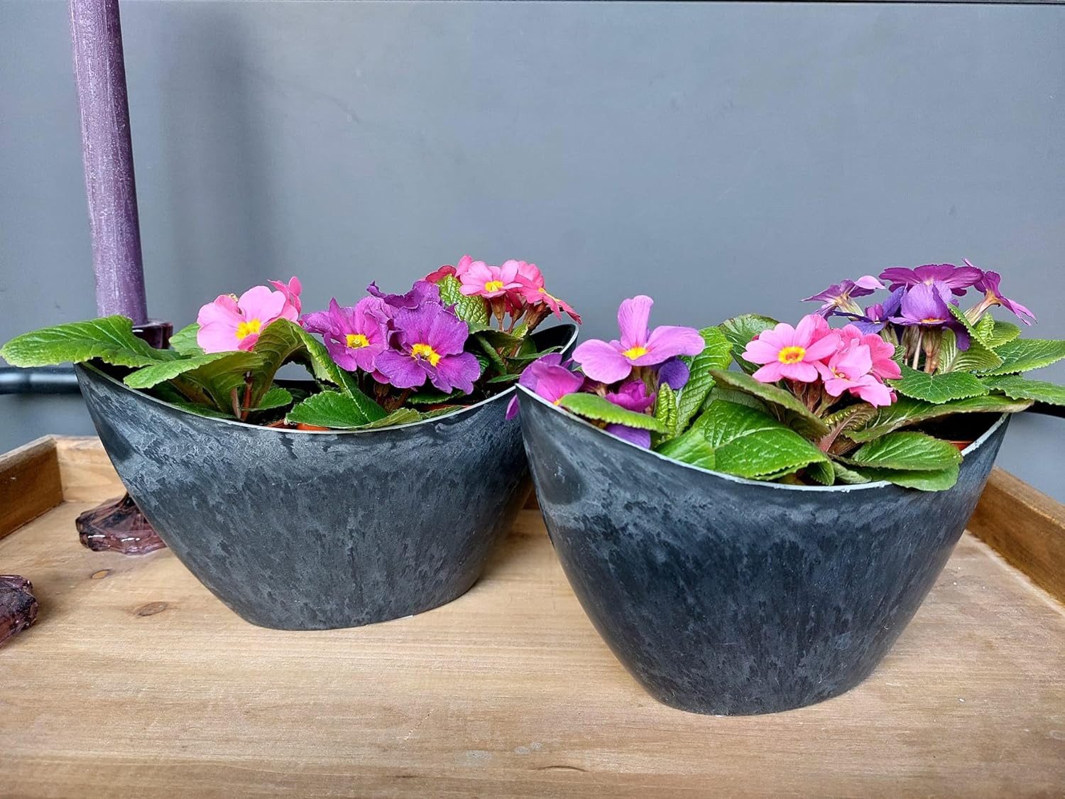 Florissima Blumentopf Blumenvase Übertopf Gartendeko innen & außen Schiffchenform (grau schwarz, 2er Set), moderne matte Übertöpfe für Blumen, Kräuter und Pfanzen aus Kunststoff