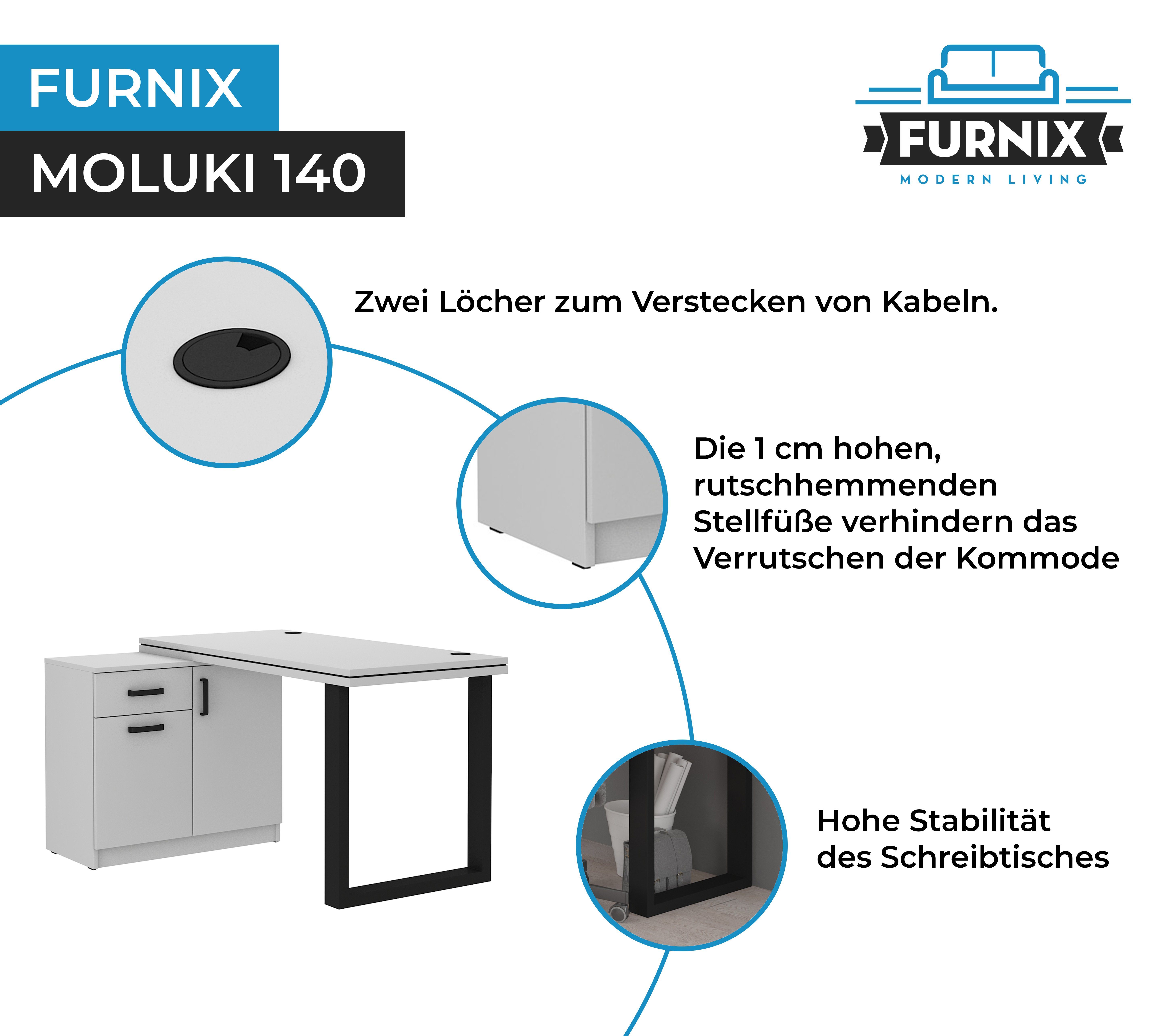 Furnix 140, B138 Büromöbel x x H78,1 Kommode Schreibtisch cm mit Hellgrau Kufenbein T67 und MOLUKI