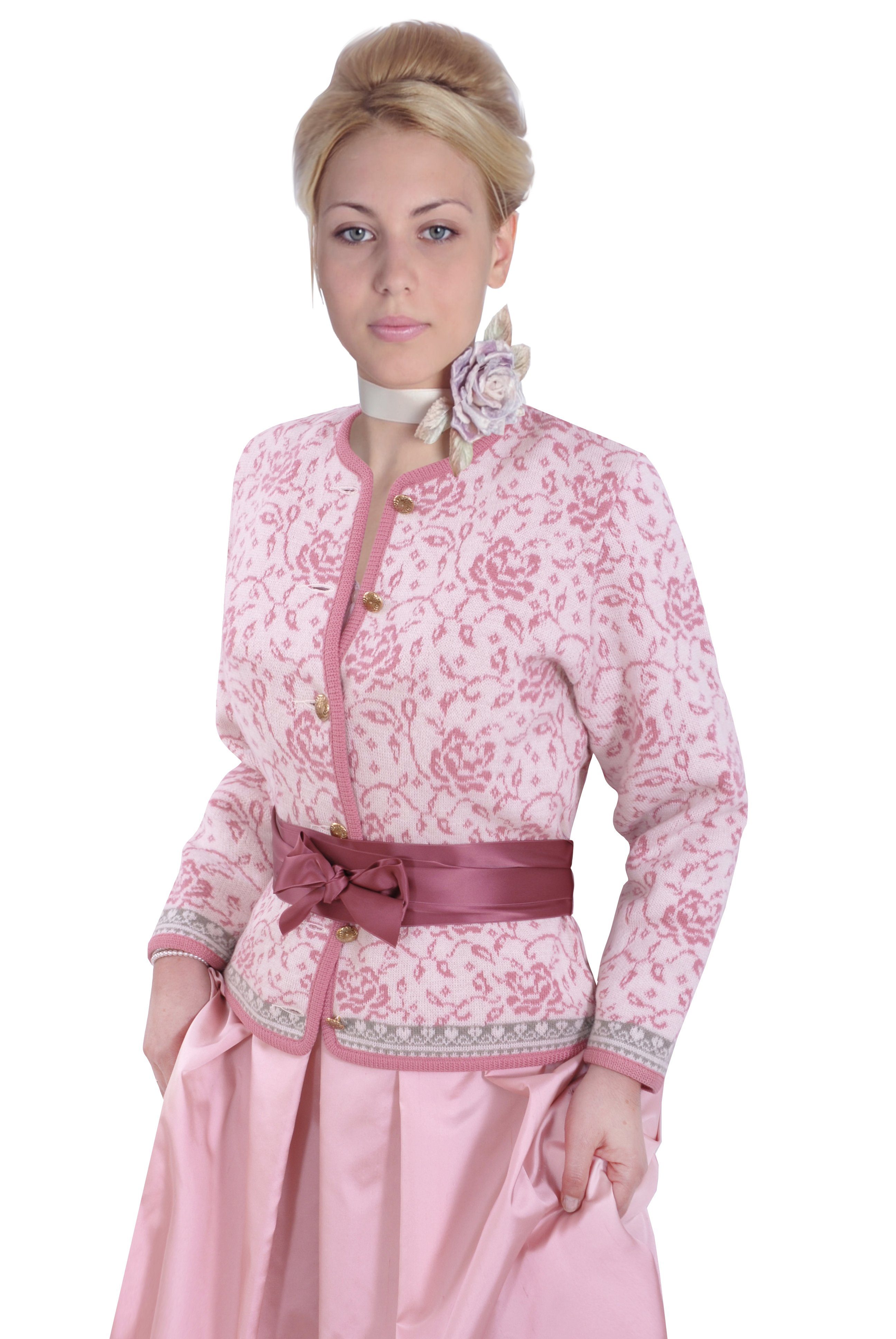 Moschen-Bayern Trachtenstrickjacke Trachtenjacke Damen Trachtenjanker Trachtenstrickjacke Strickjacke Trachten Dirndljacke Creme-Rosa