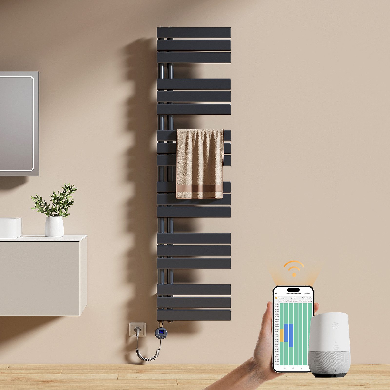 EMKE Elektrischer Badheizkörper Handtuchheizkörper mit Heizstab Wandheizung Seitenanschluss, Anthrazit 4 Heizmodi, IPX4, Kindersicherung 400W~1000W