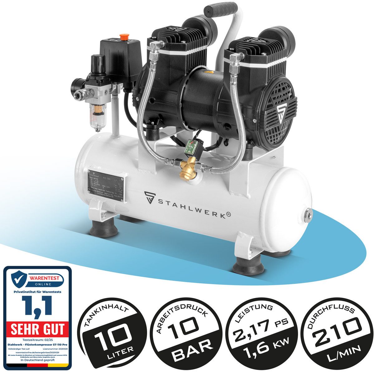 STAHLWERK Kompressor Kompressor ST-110 Pro mit 10 bar 2,1 PS 1,6 kW, 1600 W, max. 10 bar, 10 l, Gerät, 1-tlg., Einzelgerät, Flüster-Kompressor mit Brushless-Motoren