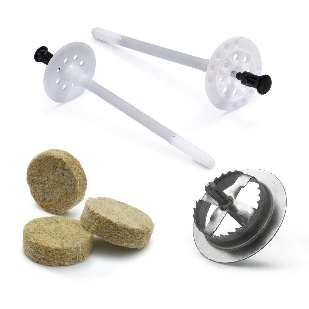 STRÜBER Schrauben- und Dübel-Set Dämmstoffdübel mit Metalldorn + Mineralwolle Rondelle + Metall Fräser