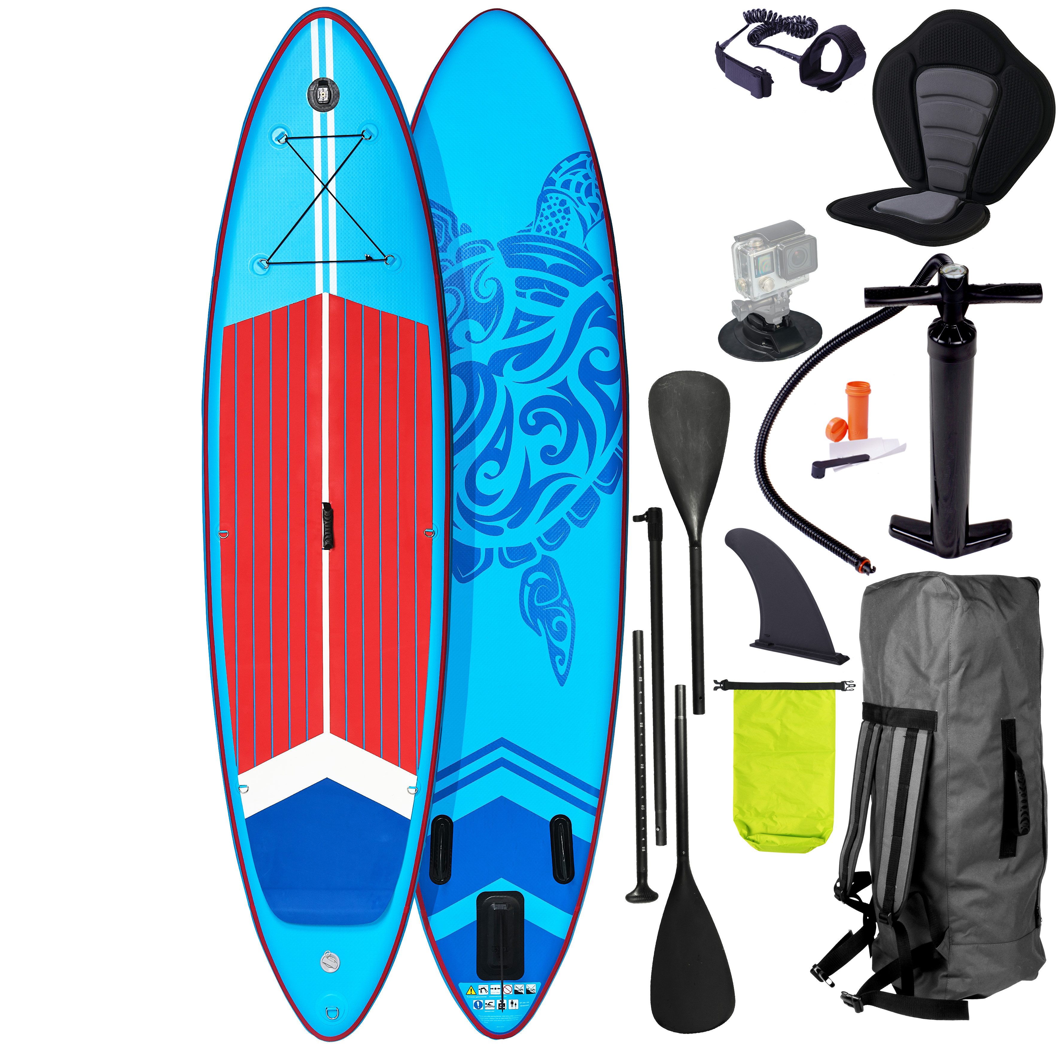 BRAST SUP-Board TURTLE Aufblasbares Stand up Paddle Set - 320x81x15cm, 5 Jahre Garantie inkl. Sonderzubehör, (2in1 Paddel Kajak-Sitz Action-Cam-Halterung), Fußschlaufe Paddel Pumpe Rucksack