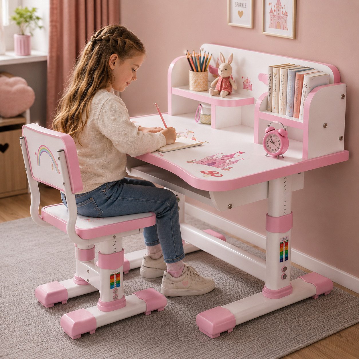 Rutaqian Kinderschreibtisch Kinderschreibtisch mit Stuhl höhenverstellbar, ergonomisches Lernset, Mit Schublade, Bücherfach und verstellbarer Rückenlehne