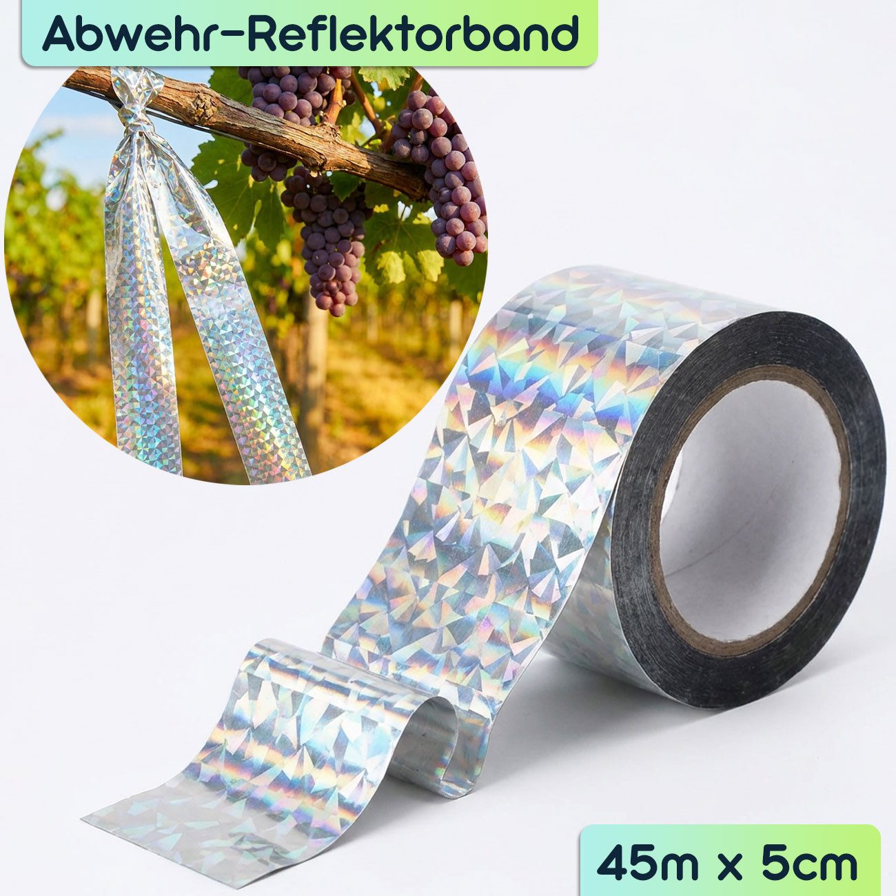 shop'n smile ideoon Vogel-Schreck Vogelschutzband Reflektierend 45mx5cm Vogelabwehr durch Lichtreflexion, 2-tlg., 1er-Set & 2er-Set, Abwehrstreifen für Garten & – Bild 3 von 5