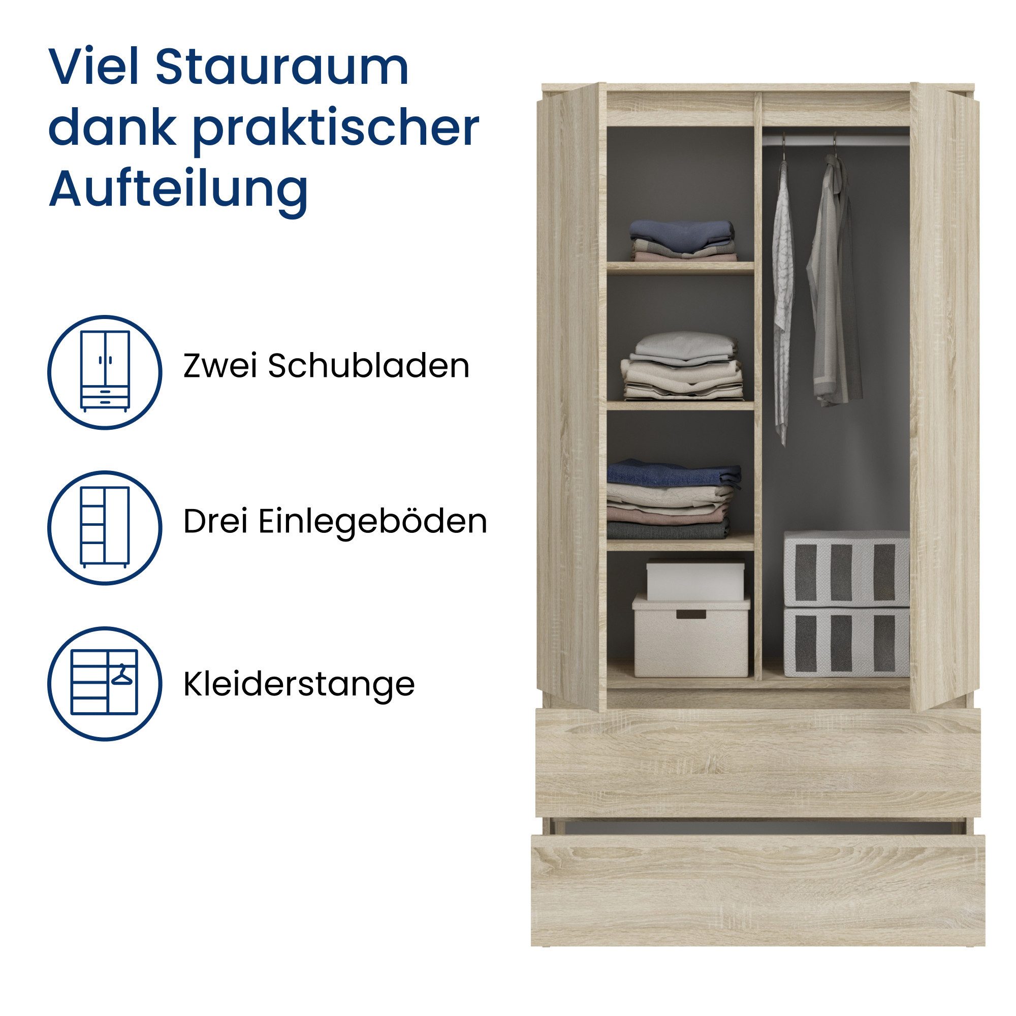 Home Collective Kleiderschrank Schrank 90cm breit mit 2 Schubladen, 3 Einlegeböden und Kleiderstange (Haushaltsschrank Schrank Organizer für Schlafzimmer Flur K – Bild 4 von 5