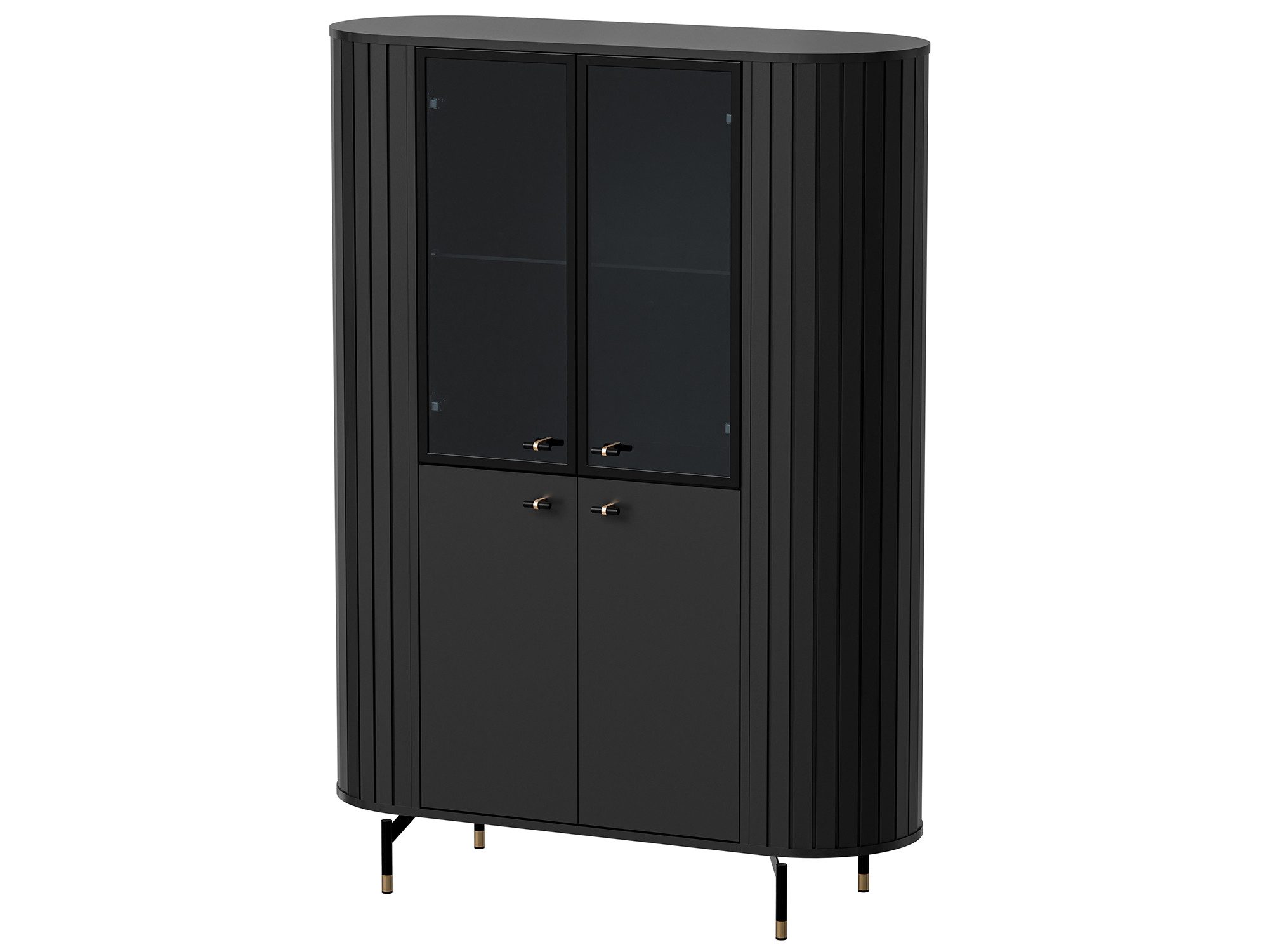 Beautysofa Vitrine ZALIA 112 cm mit Glastüren und Stauraum (Retro-Design, geriffelte Seiten, Metallbeine mit Goldakzenten) Cashmere oder Schwarz