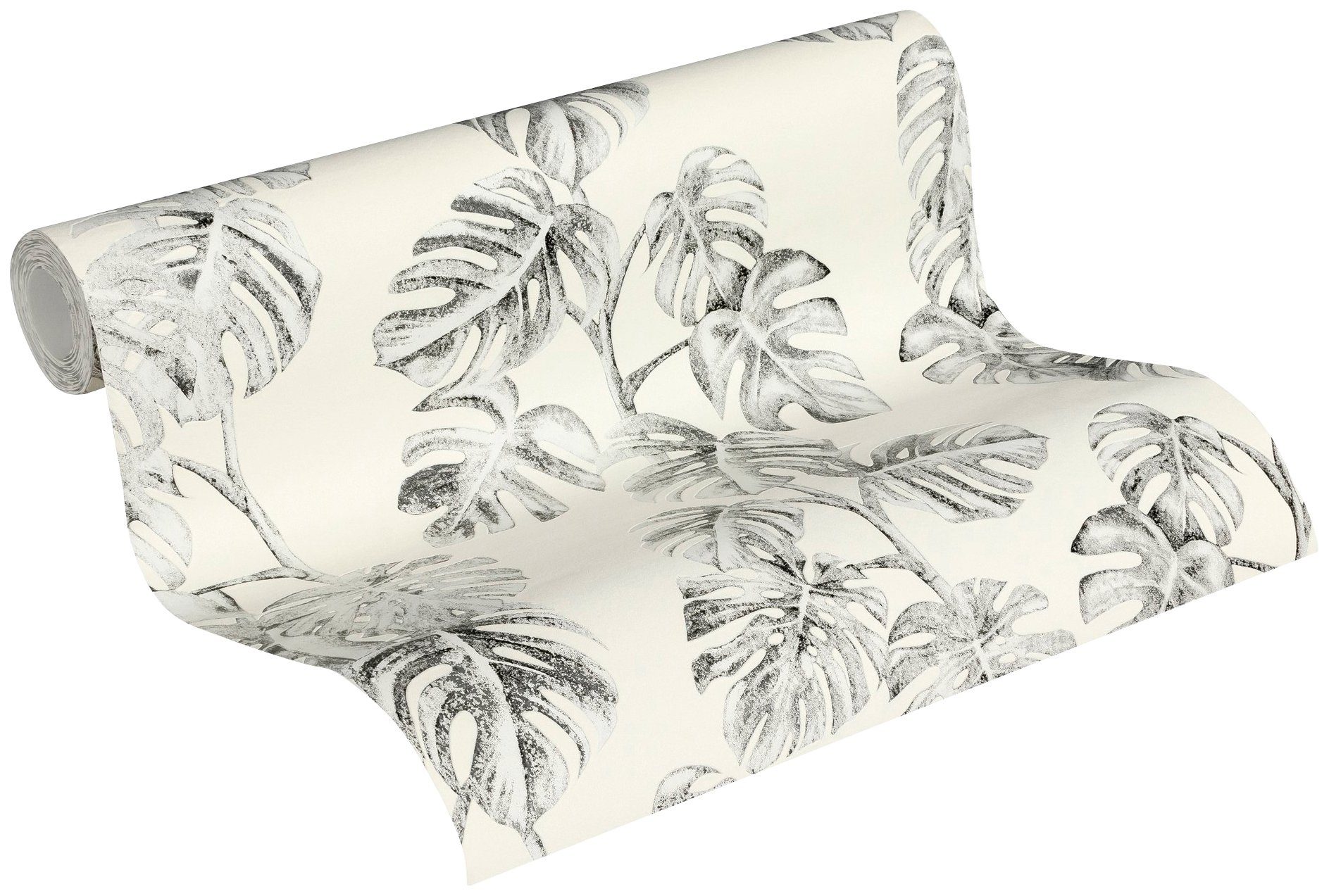 A.S. Création Vliestapete Greenery weiß/grau Palmenprint Optik, mit Dschungel strukturiert, Dschungel Tapete in floral, Palmentapete
