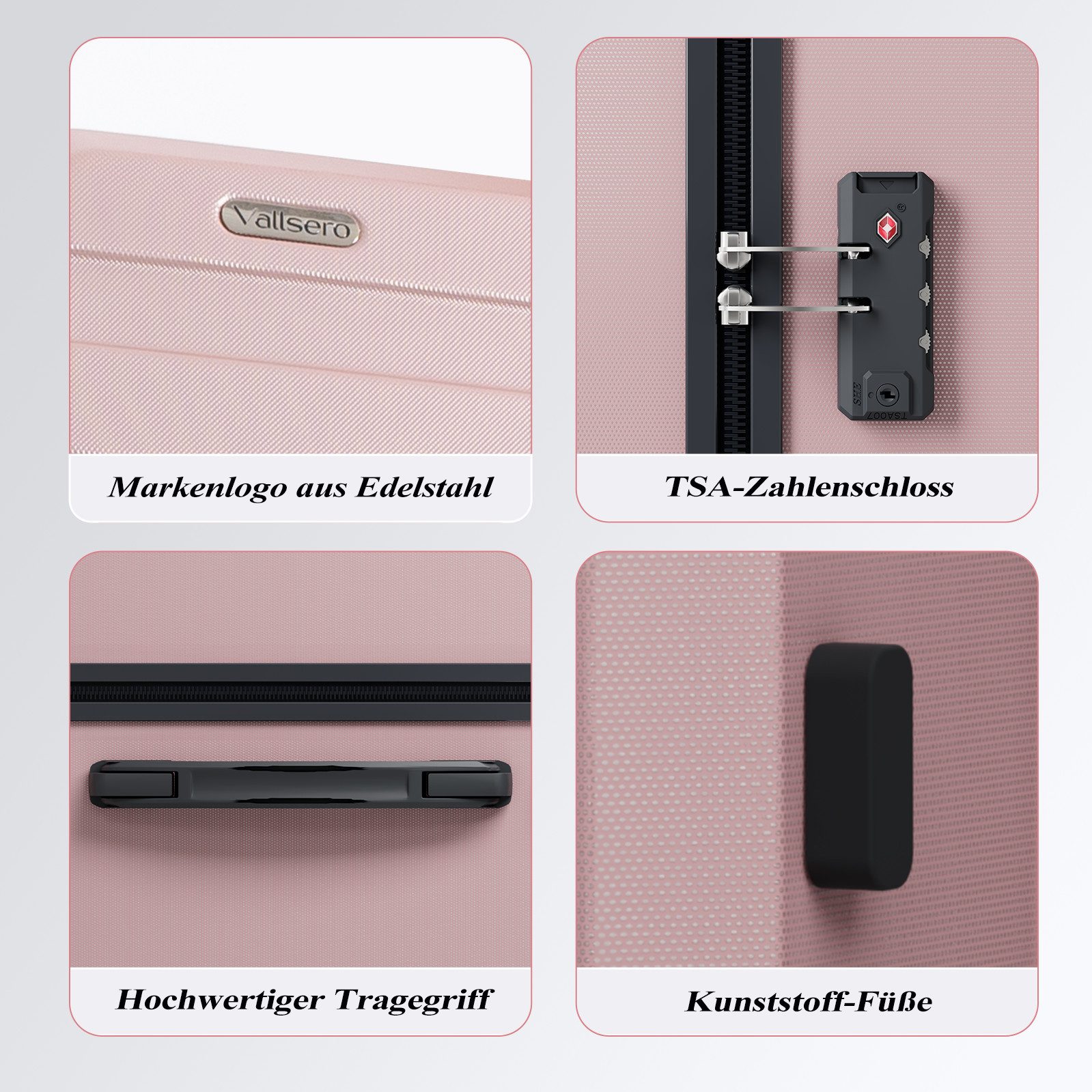 VALLSERO Trolleyset Koffer-Set( M,L,XL) Hartschalen-Koffer, Rollkoffer 5-teiliges Set, Handgepäck 4 Rollen, ABS-Material, Schwarz/Pink
