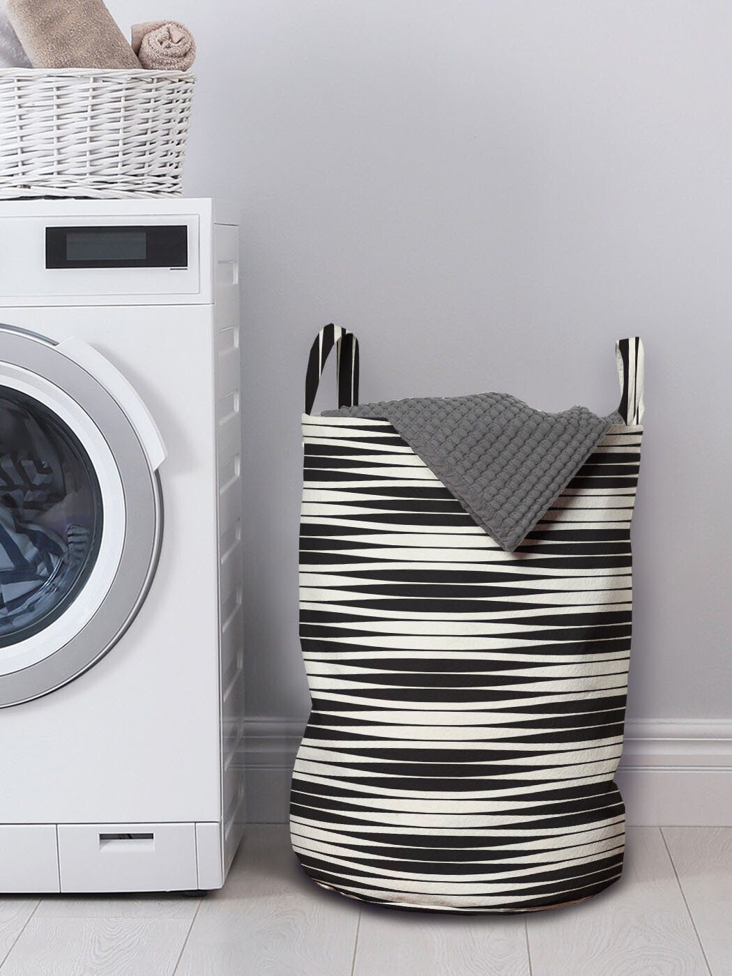 Kordelzugverschluss Abstrakt Stripes Wäschesäckchen Wäschekorb Abakuhaus Wellenförmige für Monochrome Griffen Waschsalons, mit