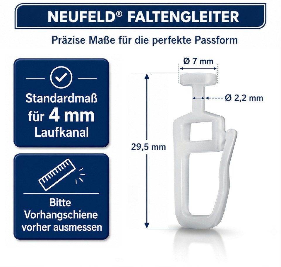 NEUFELD Gardinengleiter für Schienen 120 Stück inkl. 6 Feststeller I Faltengleiter, (Set), 7 mm Standardgröße Leise & leichtläufig Waschfest Bruchsicher