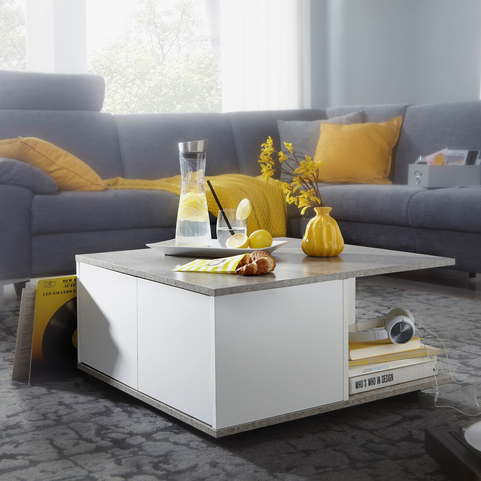 FINEBUY Couchtisch SuVa19126_1 70x70cm Wohnzimmertisch Sofatisch Tisch mit 2 Schubladen (Wohnzimmertisch mit 2 Schubladen, Tisch mit Rollen), 70x70 cm Zementgrau / Weiß, Sofatisch Eckig