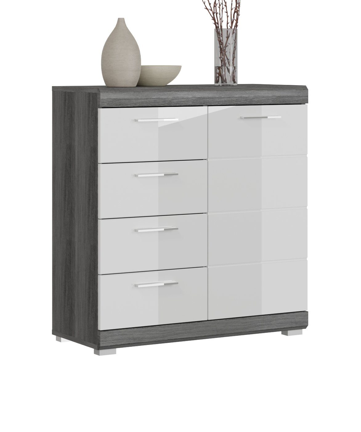 Inn.Furn Schubkastenkommode Shawn (Kommode weiß und Rauchsilber, 4 Auszüge, 80 x 85 cm), Hochglanz