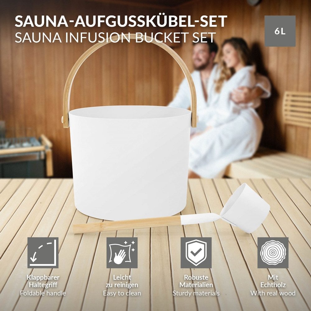 LuxeBath Sauna-Aufgussset 2-teilig Saunazubehör-Set aus Aluminium & Bambus, Sauna Set Zubehör Inkl. 6L Aufgusskübel mit klappbarem Griff & Schöpfkelle, Saunaeimer