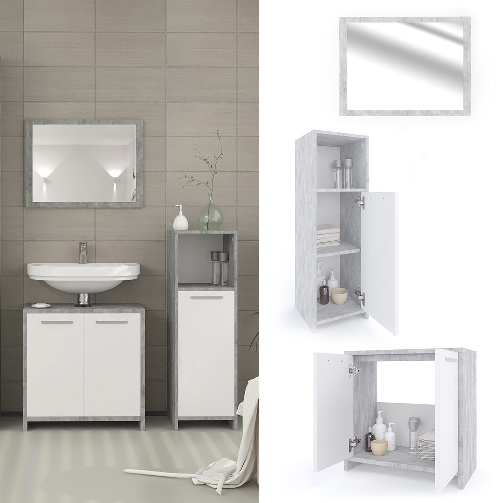 Vicco Badmöbel-Set Kiko, Beton/Weiß, 3 Teile, günstig online kaufen