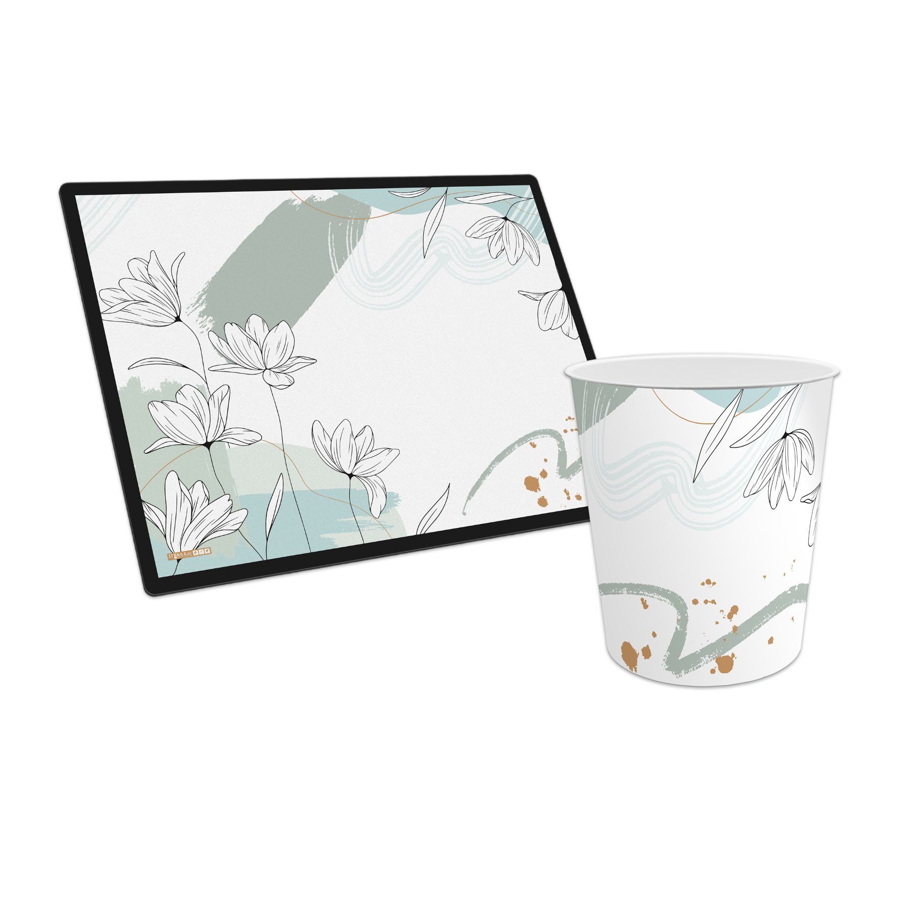 itenga Schreibtischunterlage itenga Papierkorb mit Schreibunterlage Motiv Blumenmuster Mint Set