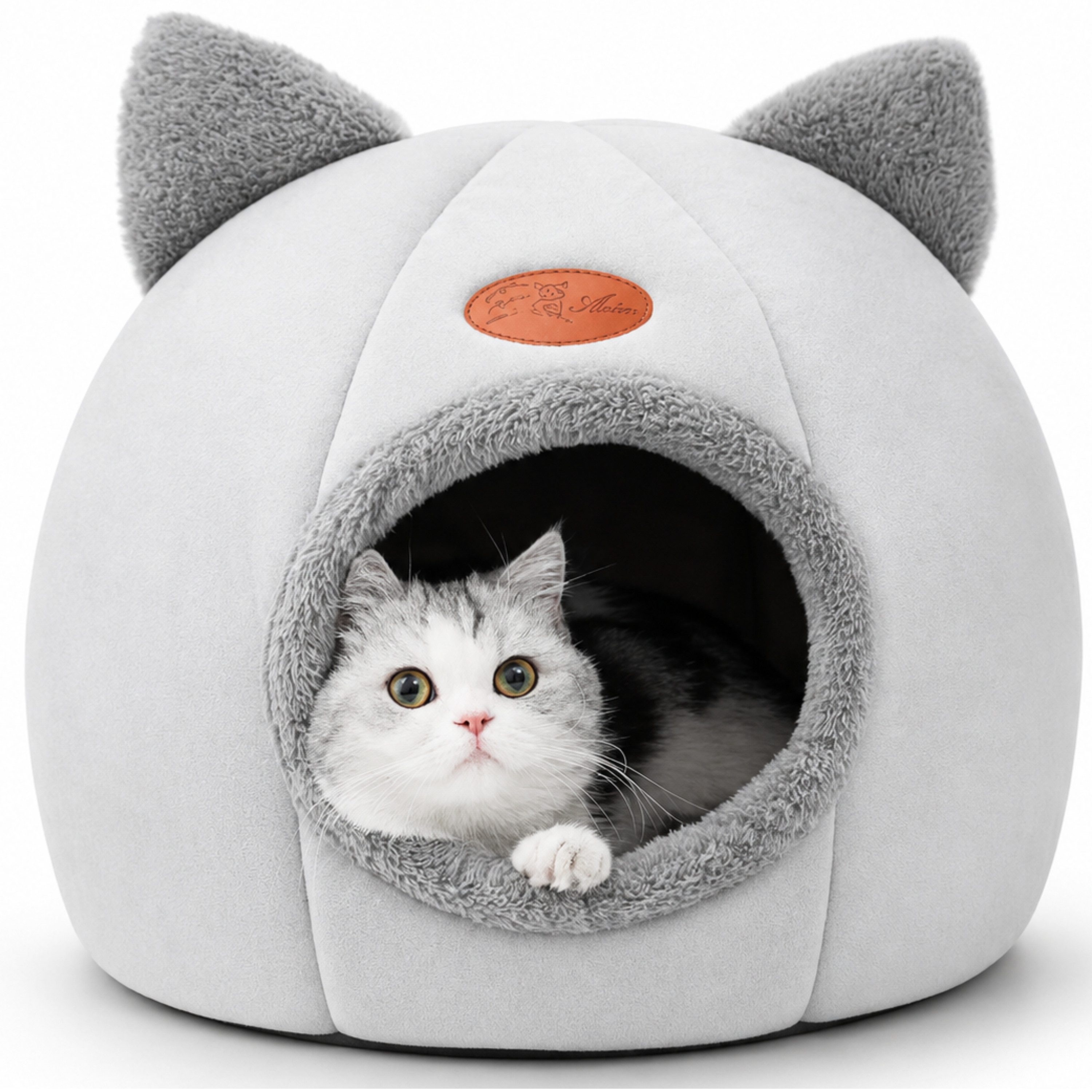 StellarLuma Katzenhaus Katzenbett Katzenhöhle Katzenhaus Grau Plüsch Kuschelhöhle weich, Weiche Katzenhöhle aus Baumwolle mit Ohren für Katzen bis 4kg